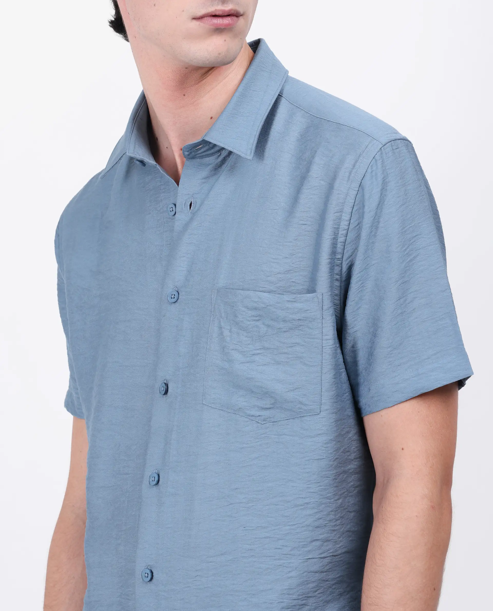 Rare Rabbit Men's Torit Light Blue Viscose Blend Plain Regular Fit Half Sleeve Collared Shirt - Image 7