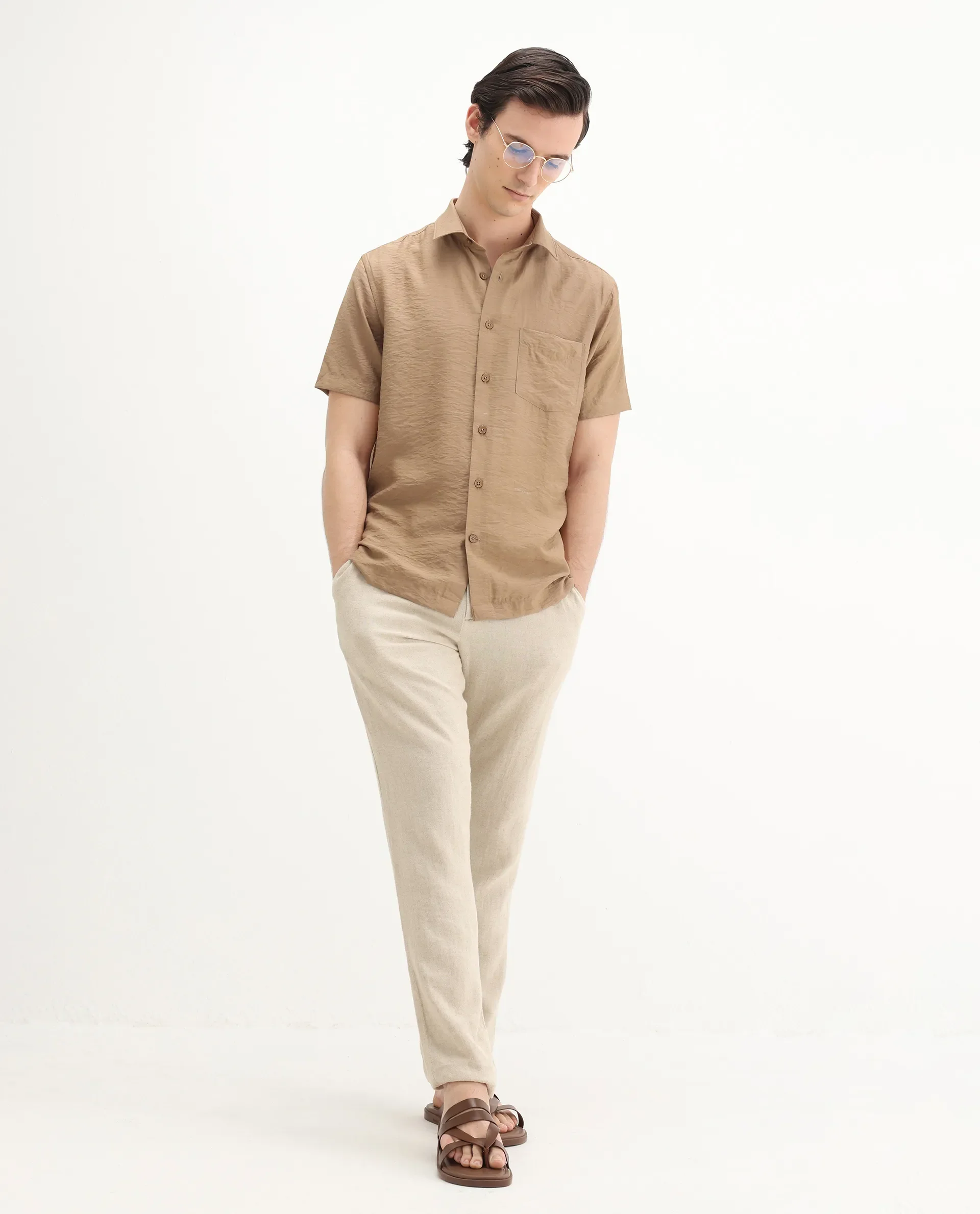 Rare Rabbit Men's Torit Pastel Brown Viscose Blend Plain Regular Fit Half Sleeve Collared Shirt - Image 2