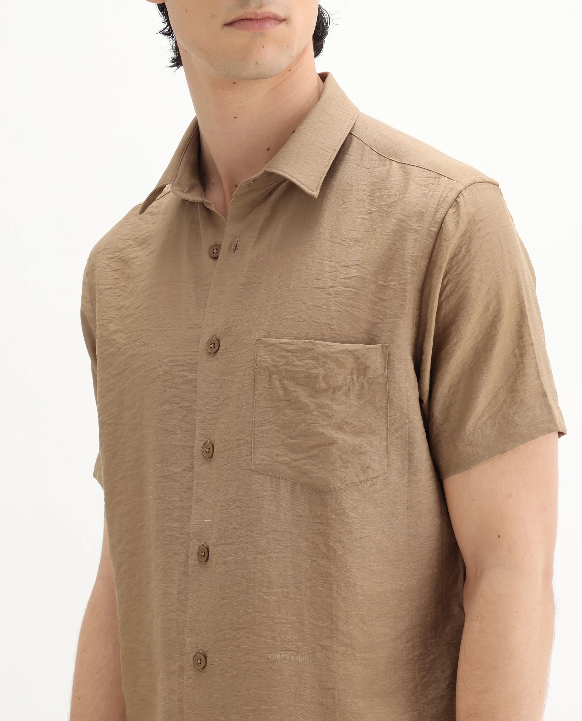 Rare Rabbit Men's Torit Pastel Brown Viscose Blend Plain Regular Fit Half Sleeve Collared Shirt - Image 3