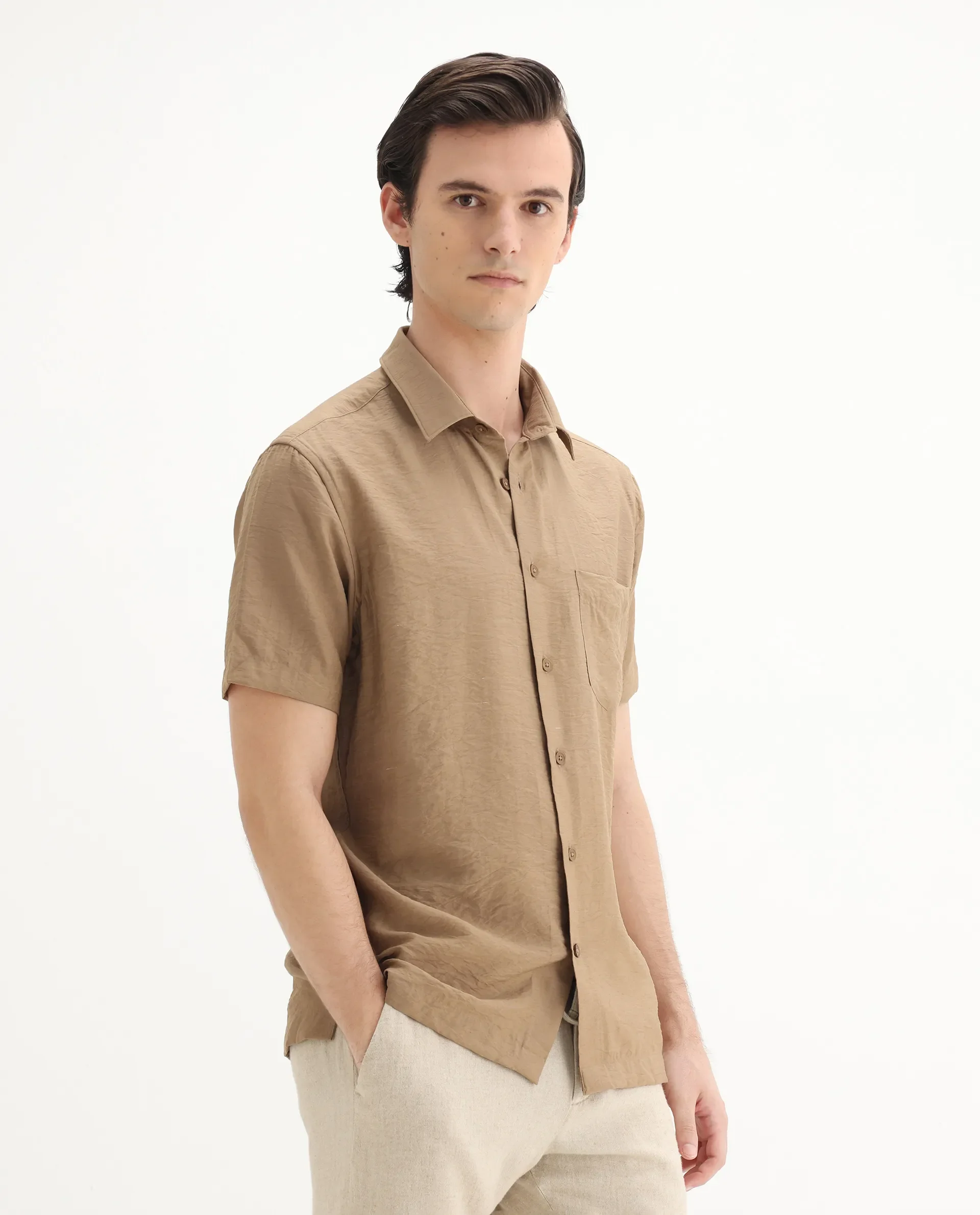 Rare Rabbit Men's Torit Pastel Brown Viscose Blend Plain Regular Fit Half Sleeve Collared Shirt - Image 4
