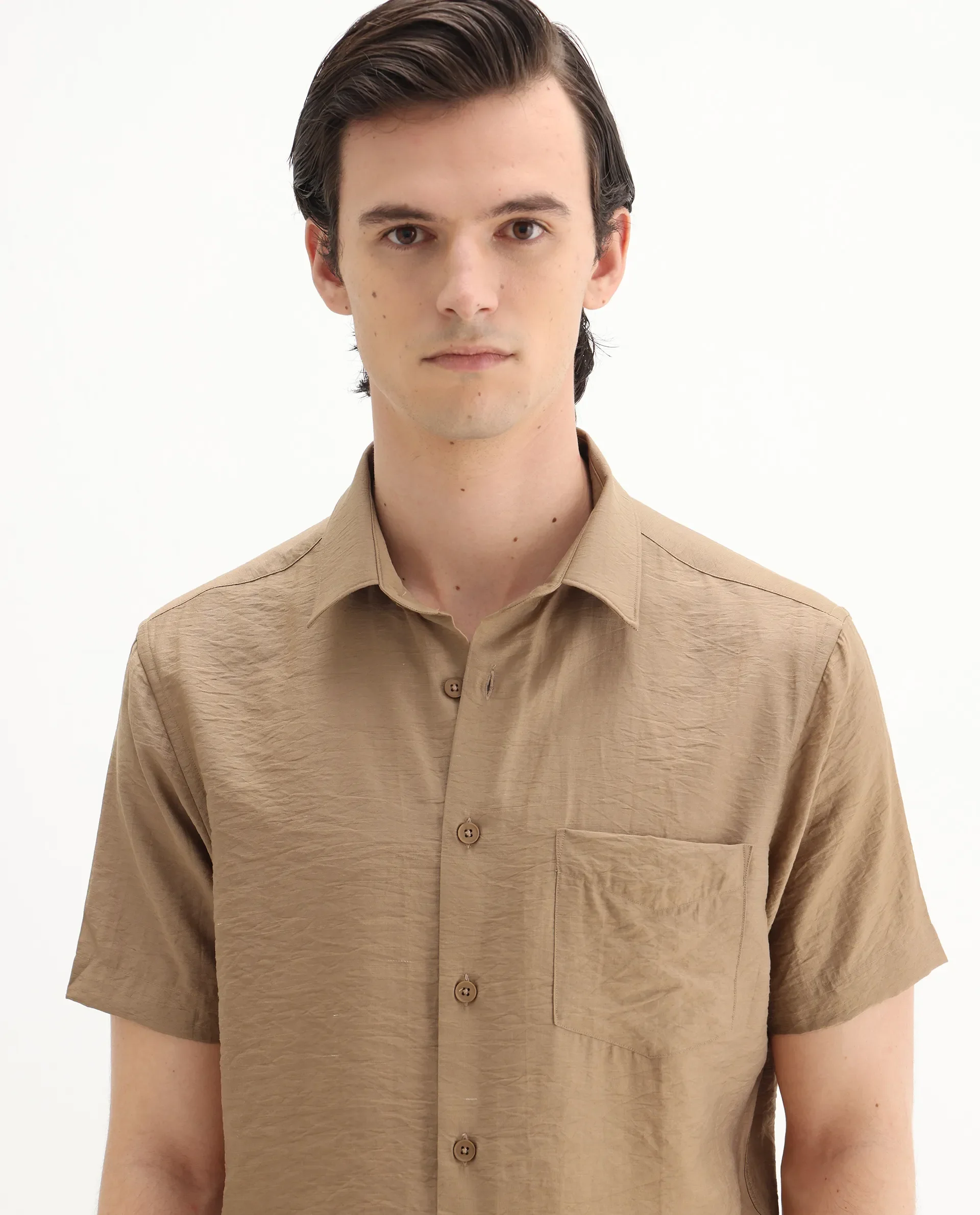 Rare Rabbit Men's Torit Pastel Brown Viscose Blend Plain Regular Fit Half Sleeve Collared Shirt - Image 5