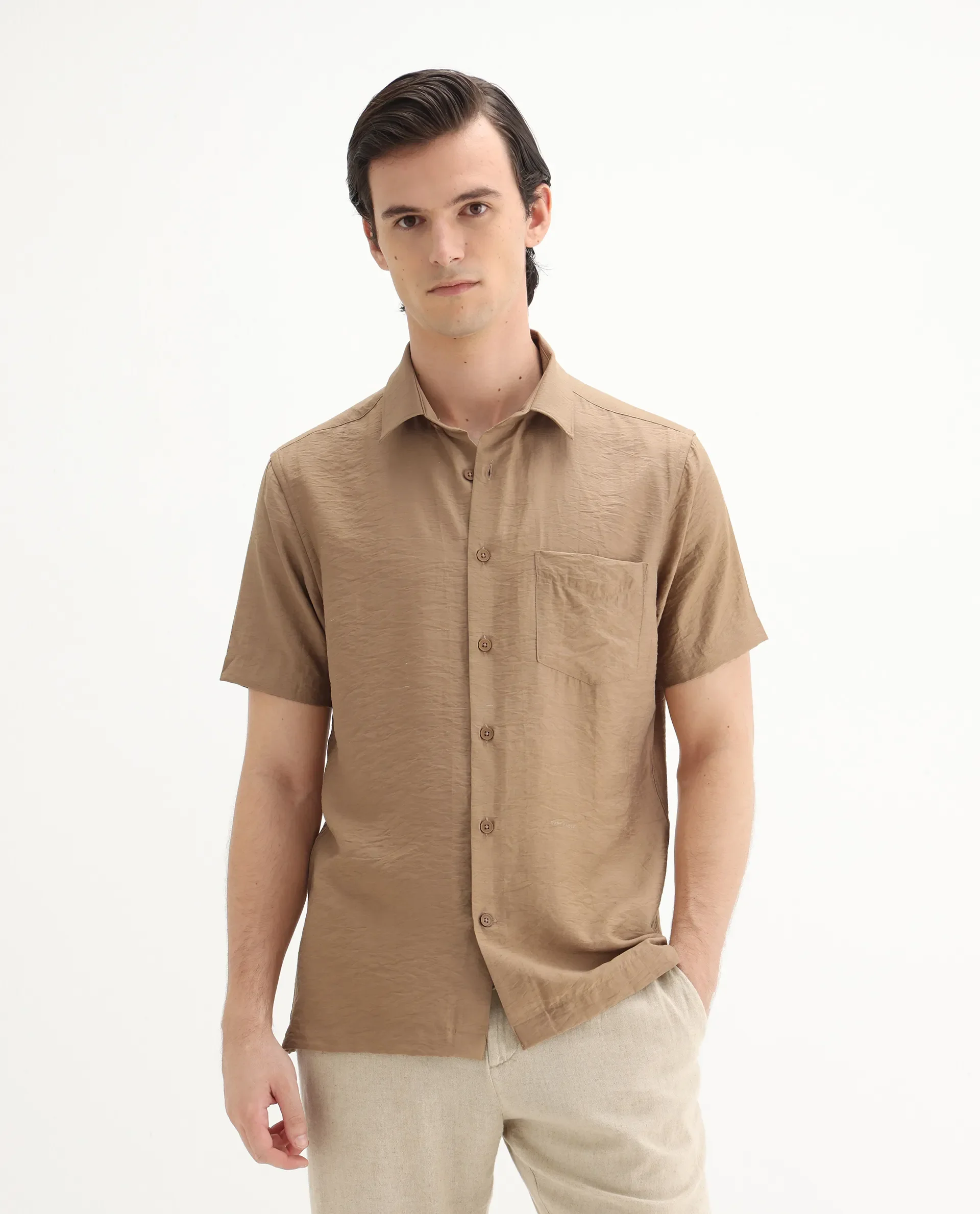 Rare Rabbit Men's Torit Pastel Brown Viscose Blend Plain Regular Fit Half Sleeve Collared Shirt - Image 6