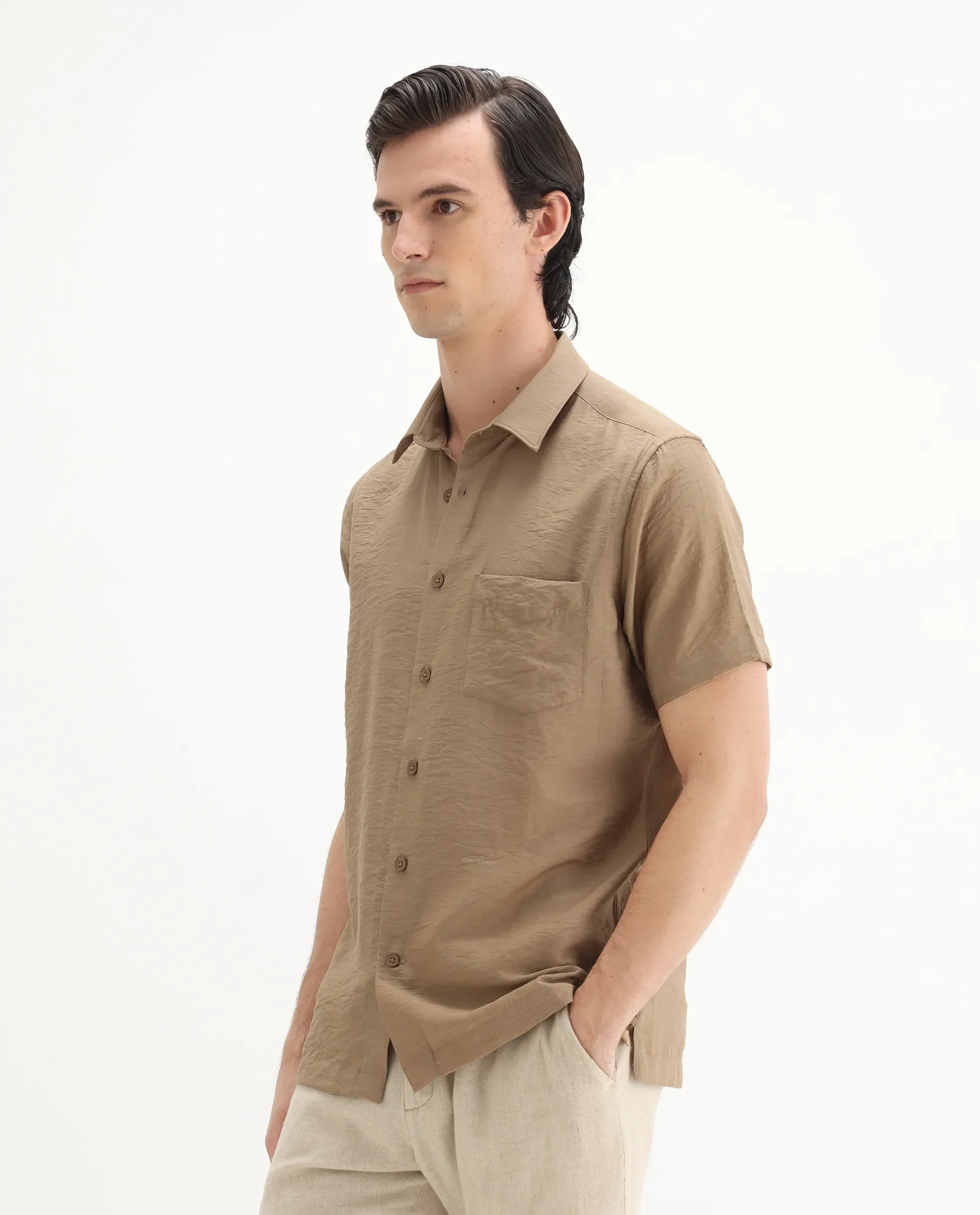 Rare Rabbit Men's Torit Pastel Brown Viscose Blend Plain Regular Fit Half Sleeve Collared Shirt - Image 7