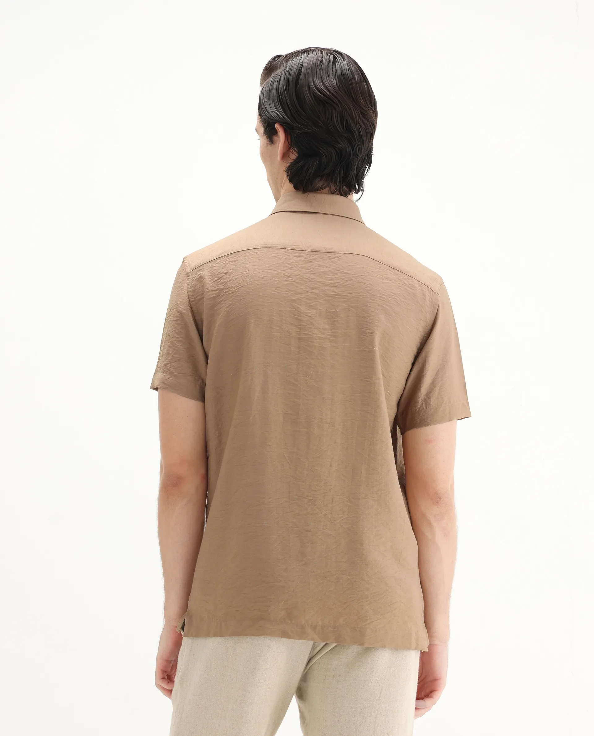 Rare Rabbit Men's Torit Pastel Brown Viscose Blend Plain Regular Fit Half Sleeve Collared Shirt - Image 8
