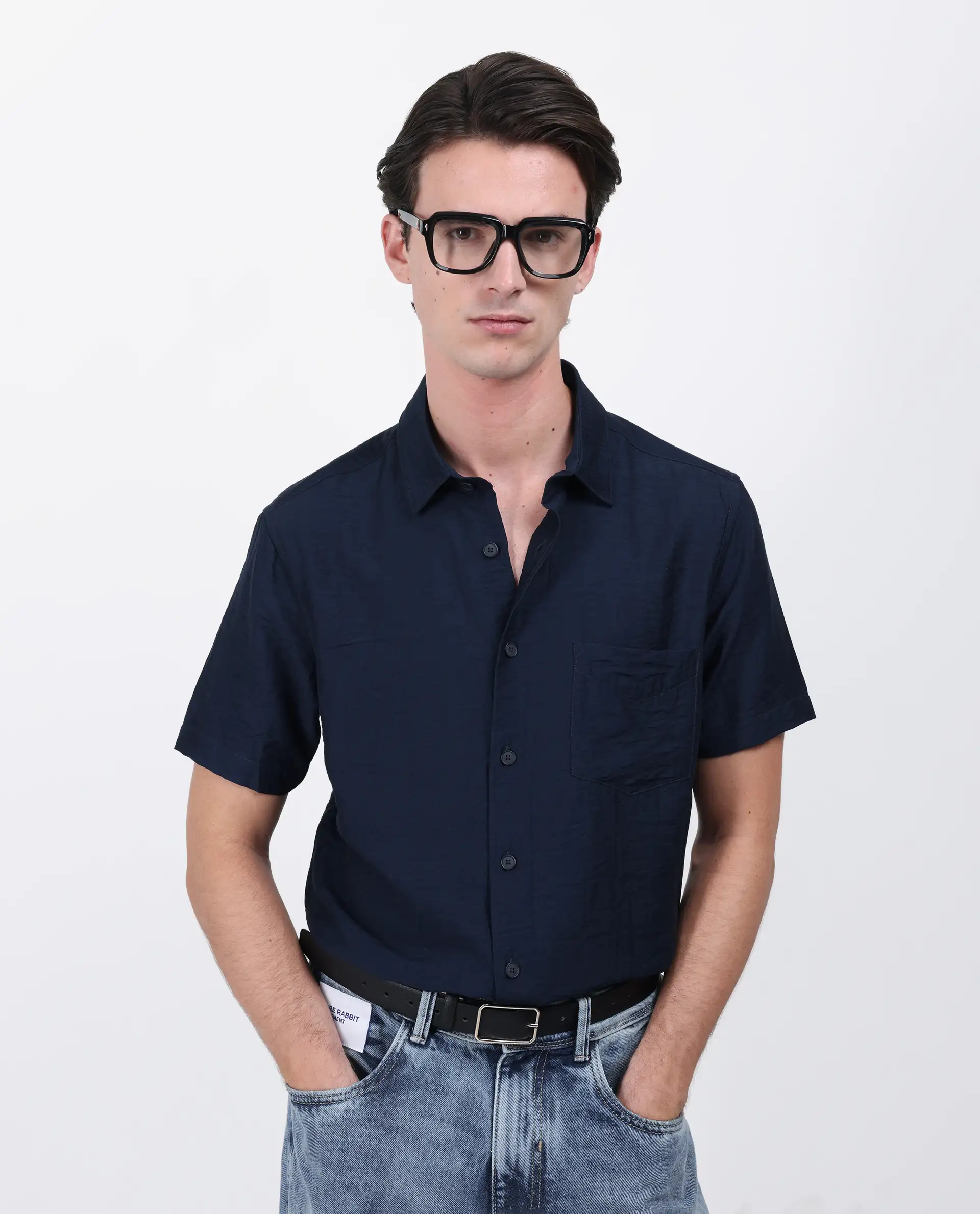 Rare Rabbit Men's Torit Pastel Navy Viscose Blend Plain Regular Fit Half Sleeve Collared Shirt