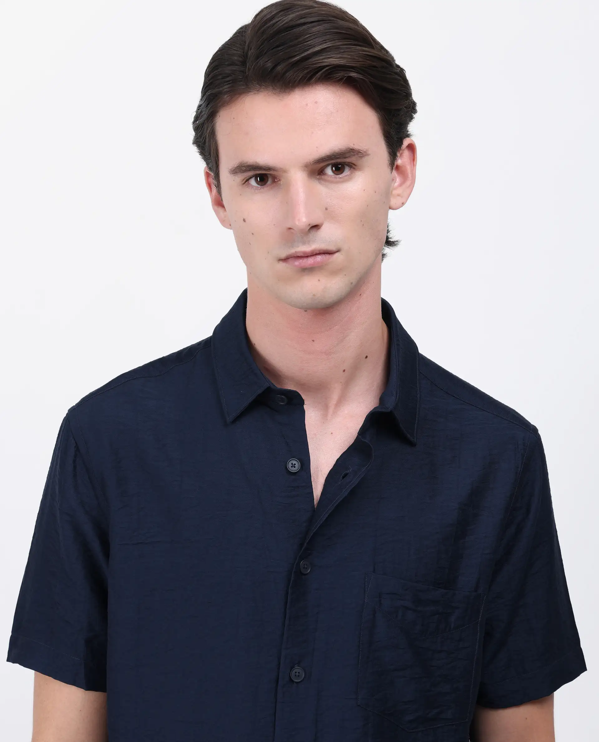 Rare Rabbit Men's Torit Pastel Navy Viscose Blend Plain Regular Fit Half Sleeve Collared Shirt - Image 2