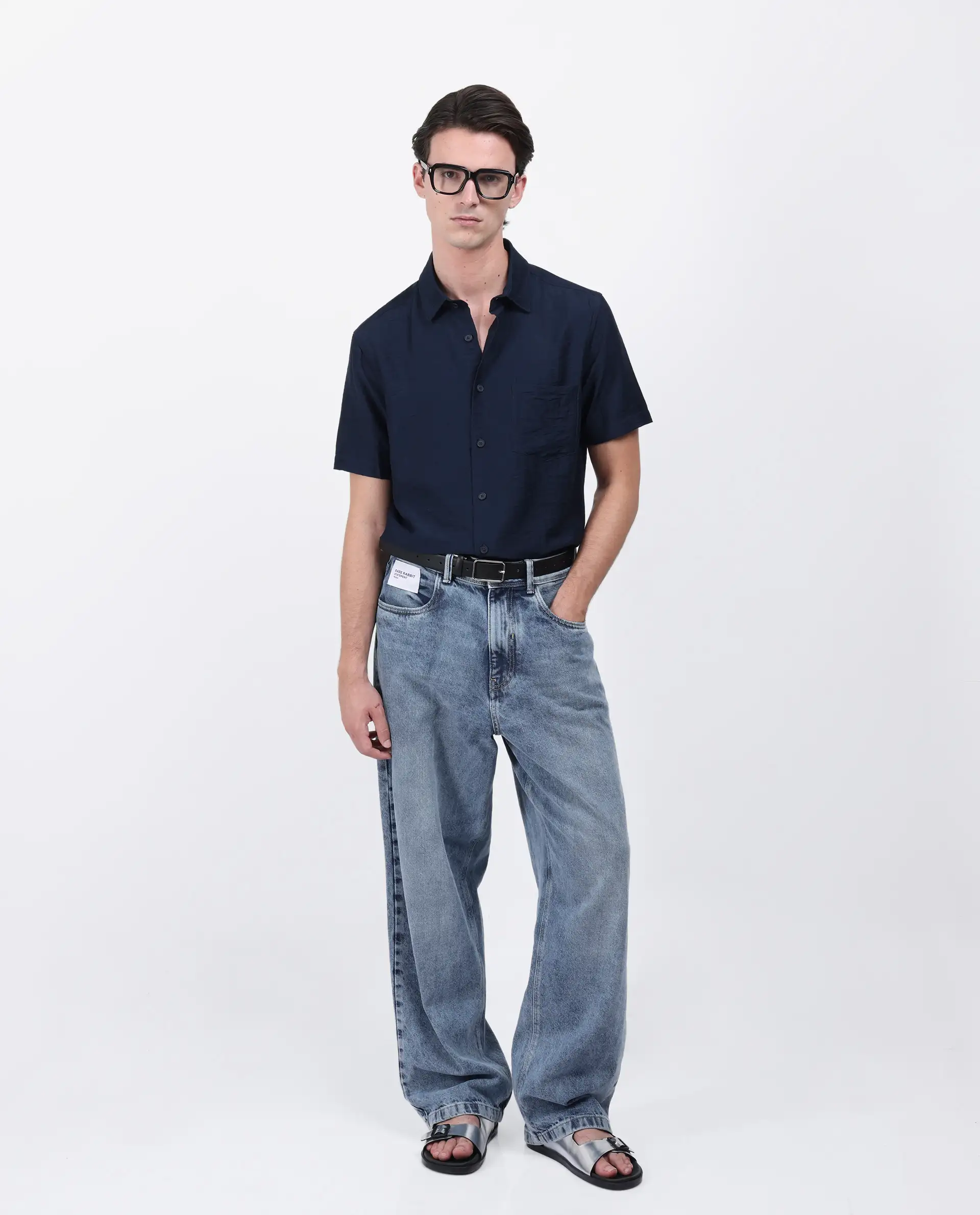 Rare Rabbit Men's Torit Pastel Navy Viscose Blend Plain Regular Fit Half Sleeve Collared Shirt - Image 3