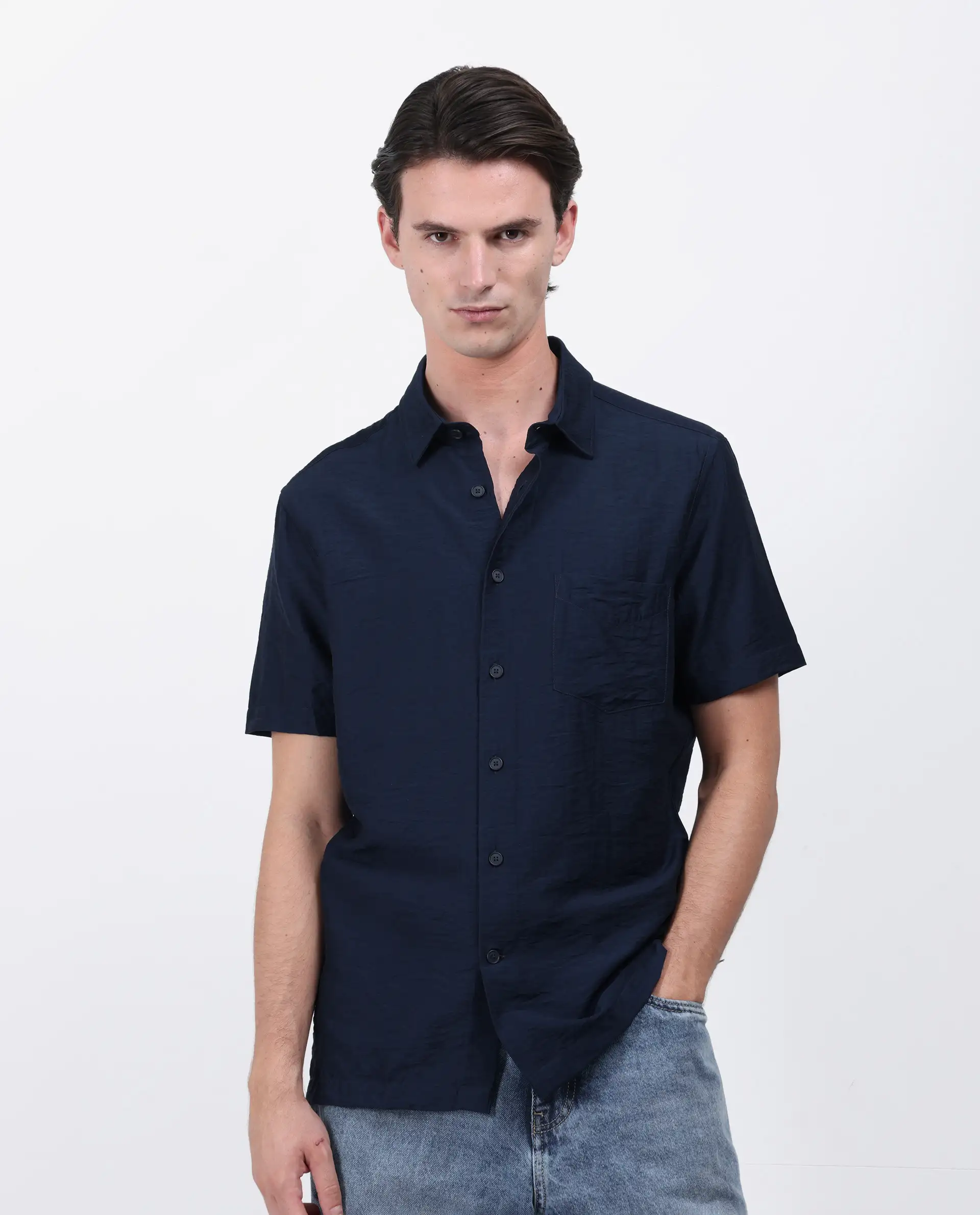Rare Rabbit Men's Torit Pastel Navy Viscose Blend Plain Regular Fit Half Sleeve Collared Shirt - Image 4