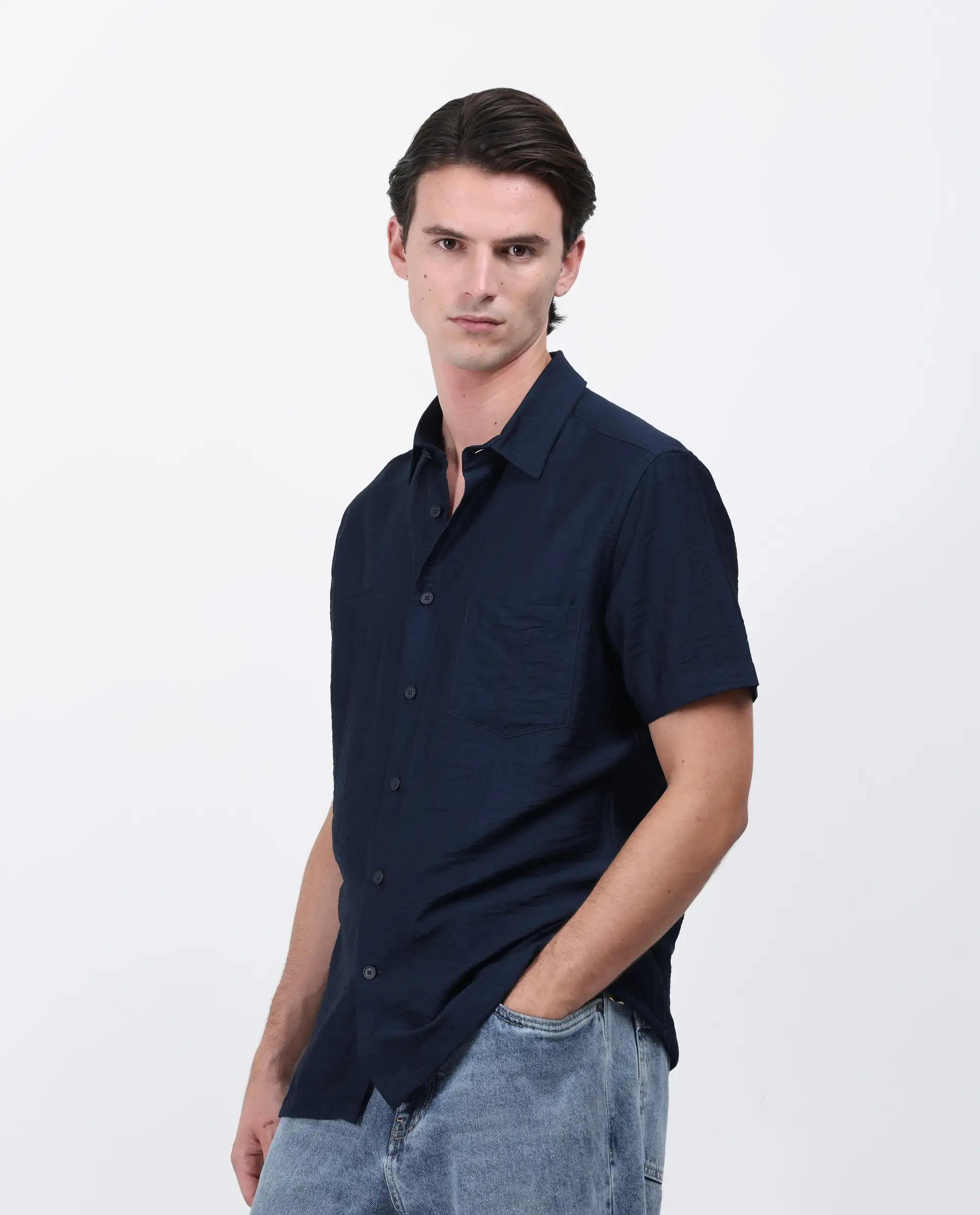 Rare Rabbit Men's Torit Pastel Navy Viscose Blend Plain Regular Fit Half Sleeve Collared Shirt - Image 5