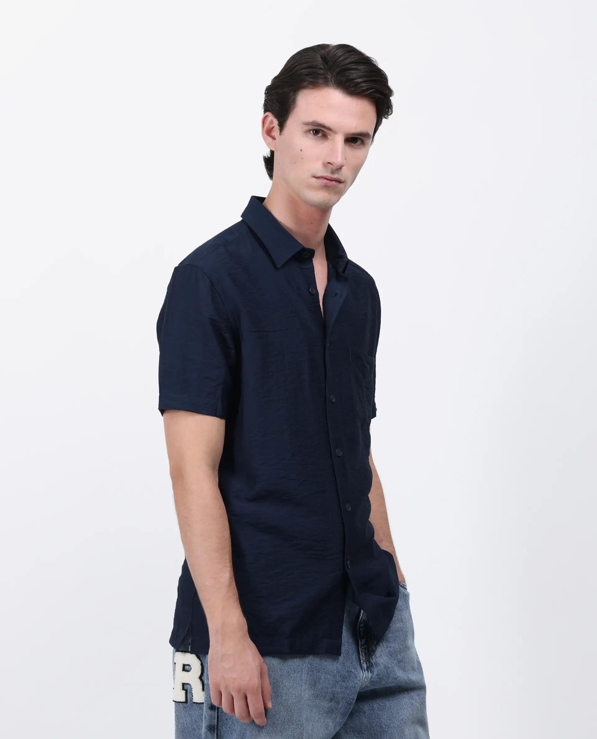 Rare Rabbit Men's Torit Pastel Navy Viscose Blend Plain Regular Fit Half Sleeve Collared Shirt - Image 6