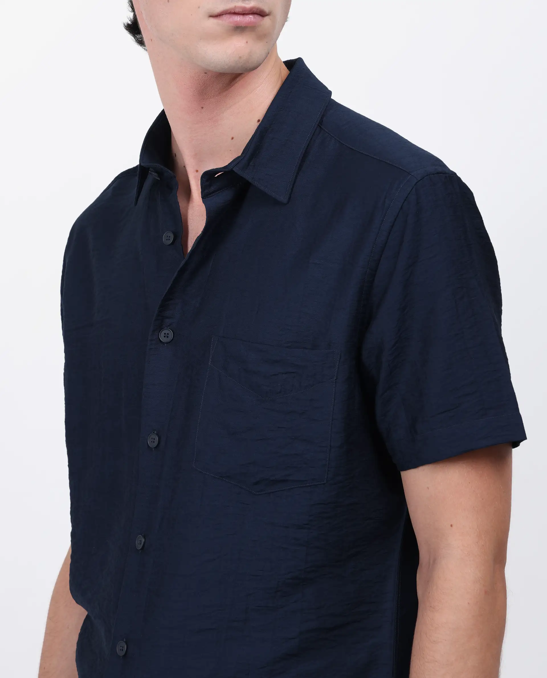 Rare Rabbit Men's Torit Pastel Navy Viscose Blend Plain Regular Fit Half Sleeve Collared Shirt - Image 7