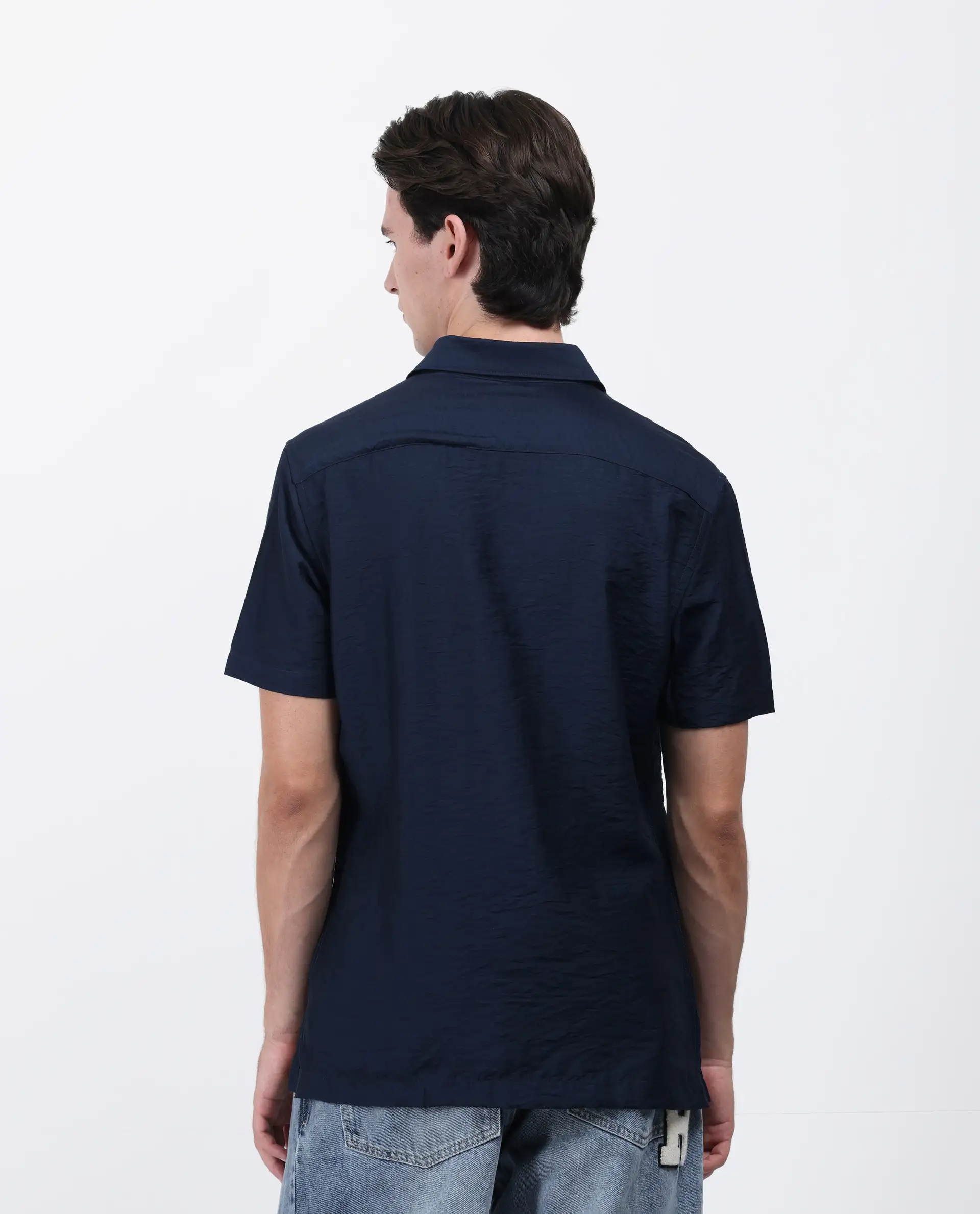 Rare Rabbit Men's Torit Pastel Navy Viscose Blend Plain Regular Fit Half Sleeve Collared Shirt - Image 8