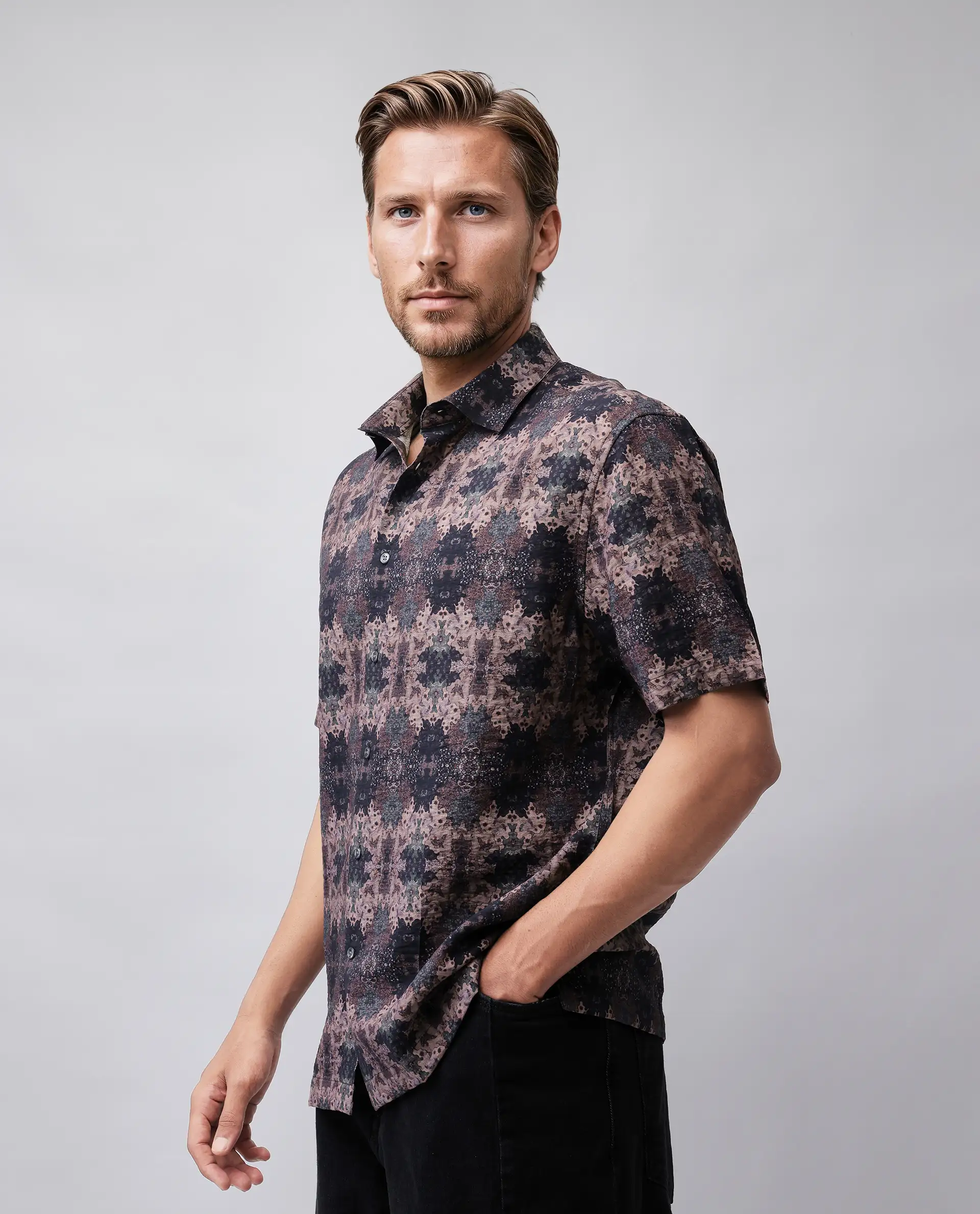 Rare Rabbit Men's Toro-Ss Brown Viscose Blend Abstract Print Regular Fit Half Sleeve Collared Shirt - Image 2