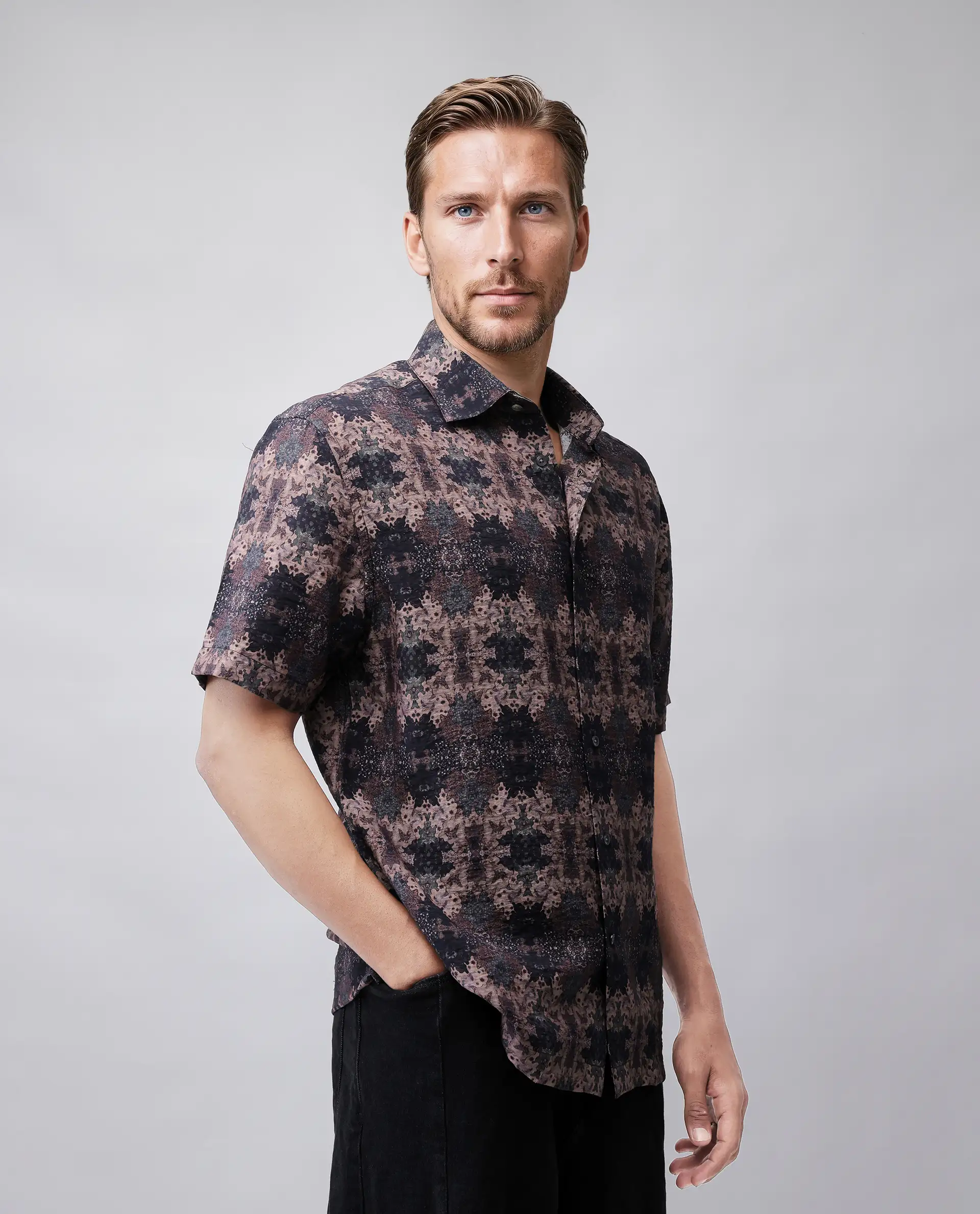Rare Rabbit Men's Toro-Ss Brown Viscose Blend Abstract Print Regular Fit Half Sleeve Collared Shirt - Image 3