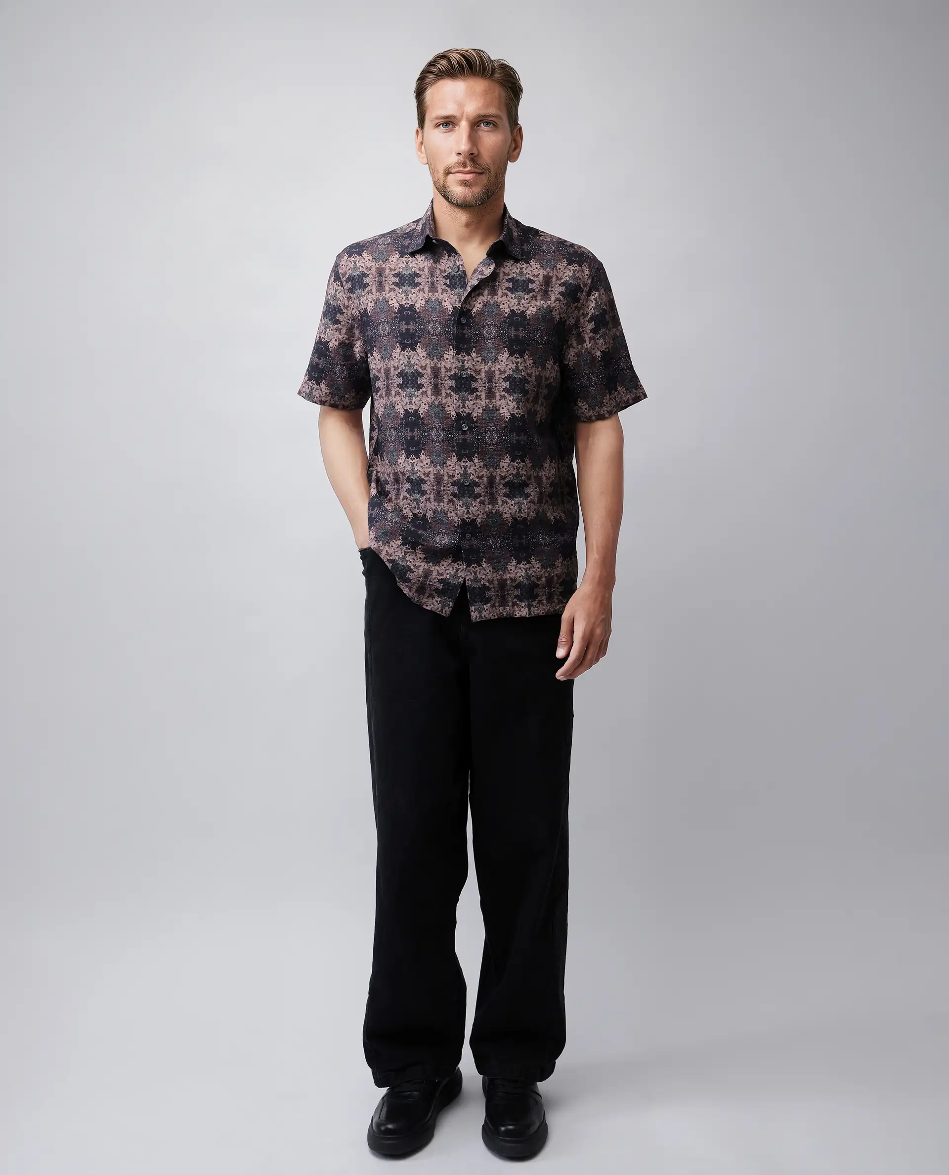 Rare Rabbit Men's Toro-Ss Brown Viscose Blend Abstract Print Regular Fit Half Sleeve Collared Shirt - Image 4