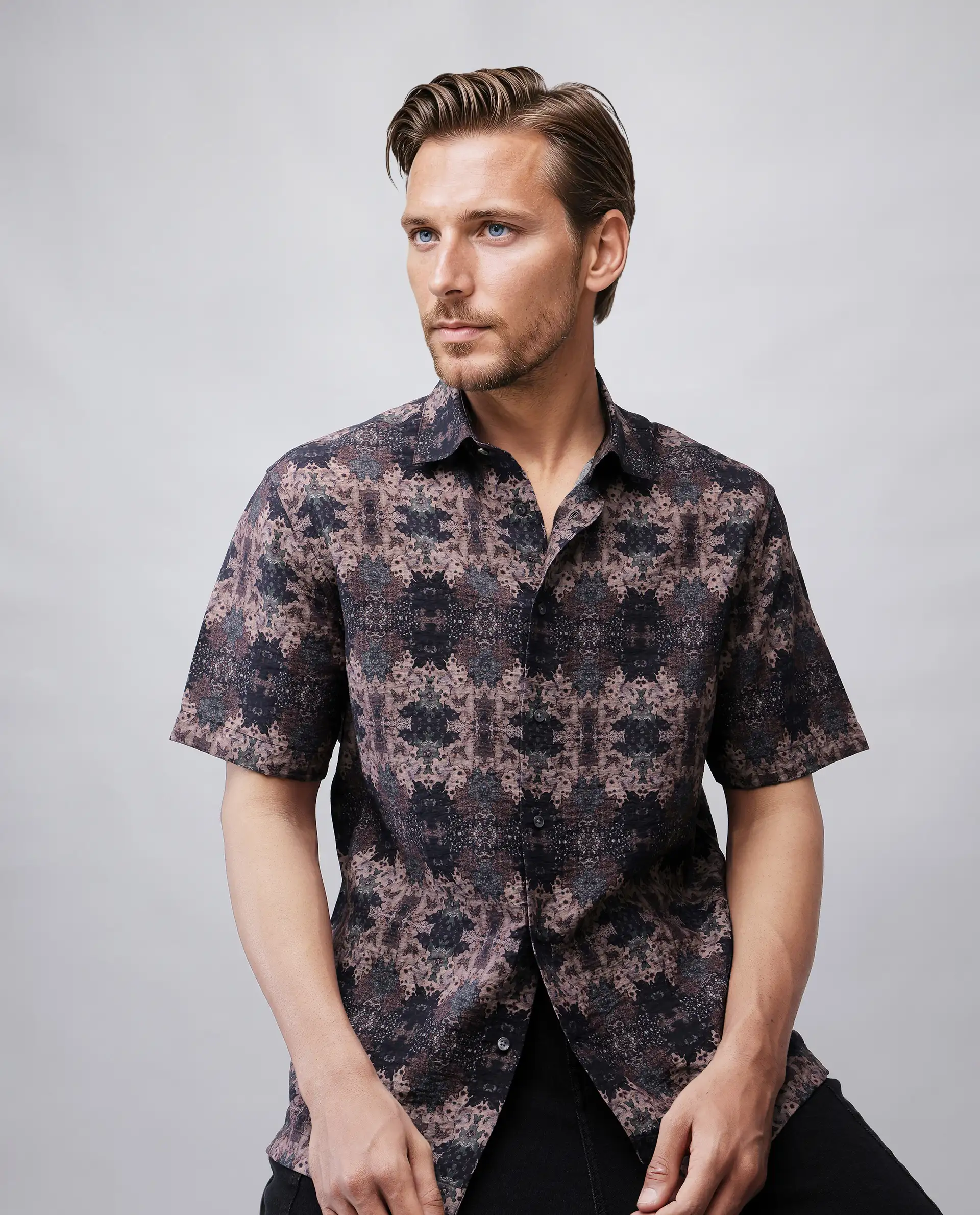 Rare Rabbit Men's Toro-Ss Brown Viscose Blend Abstract Print Regular Fit Half Sleeve Collared Shirt - Image 8