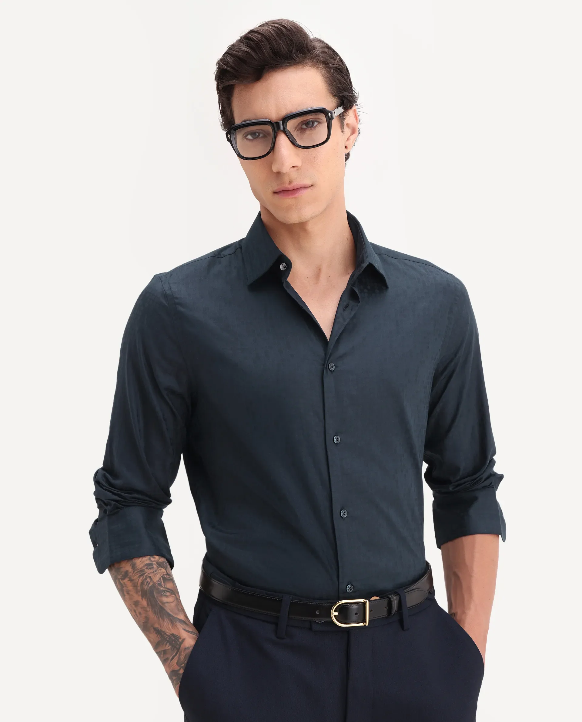 Rare Rabbit Men's Torop Navy Cotton Blend Fabric Full Sleeve Collared Neck Regular Fit Jacquard Shirt