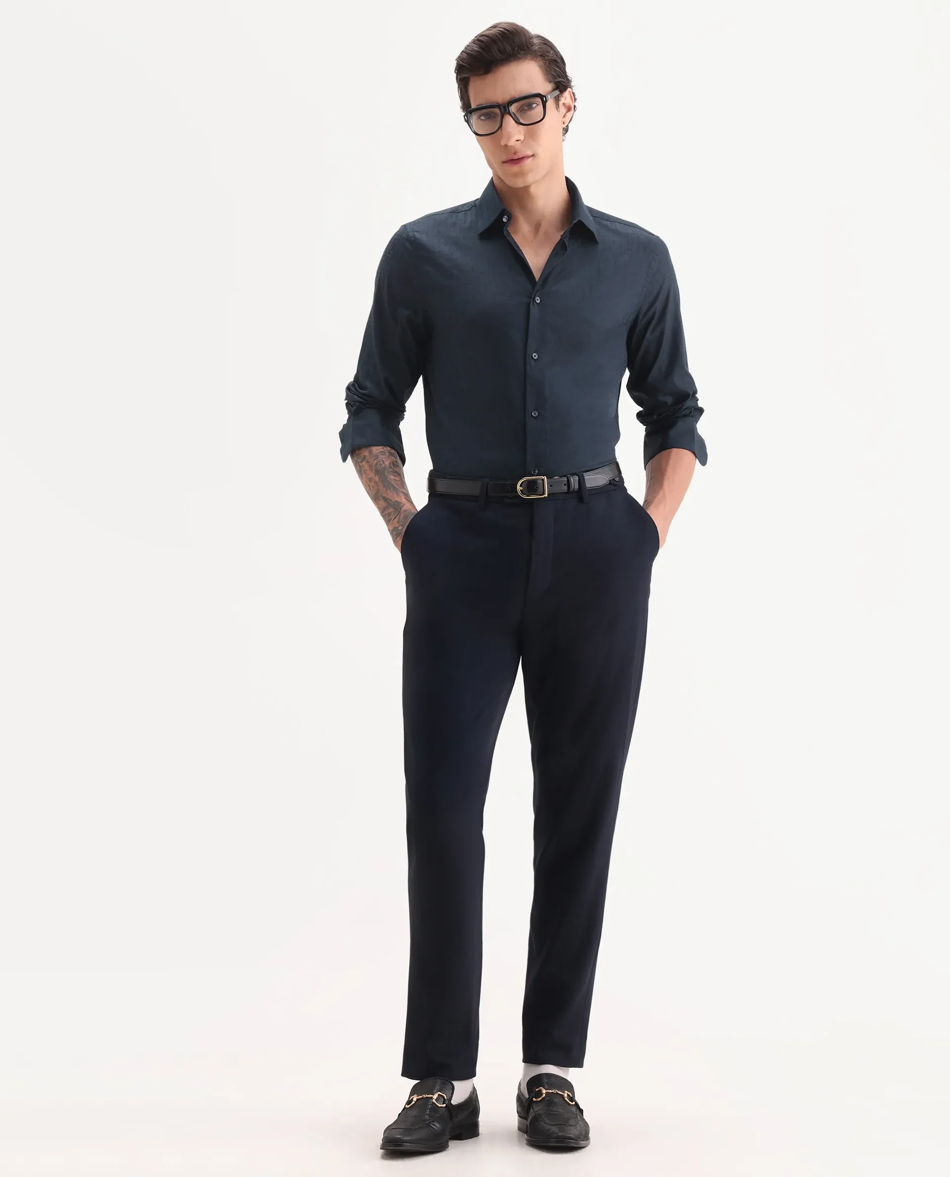 Rare Rabbit Men's Torop Navy Cotton Blend Fabric Full Sleeve Collared Neck Regular Fit Jacquard Shirt - Image 2