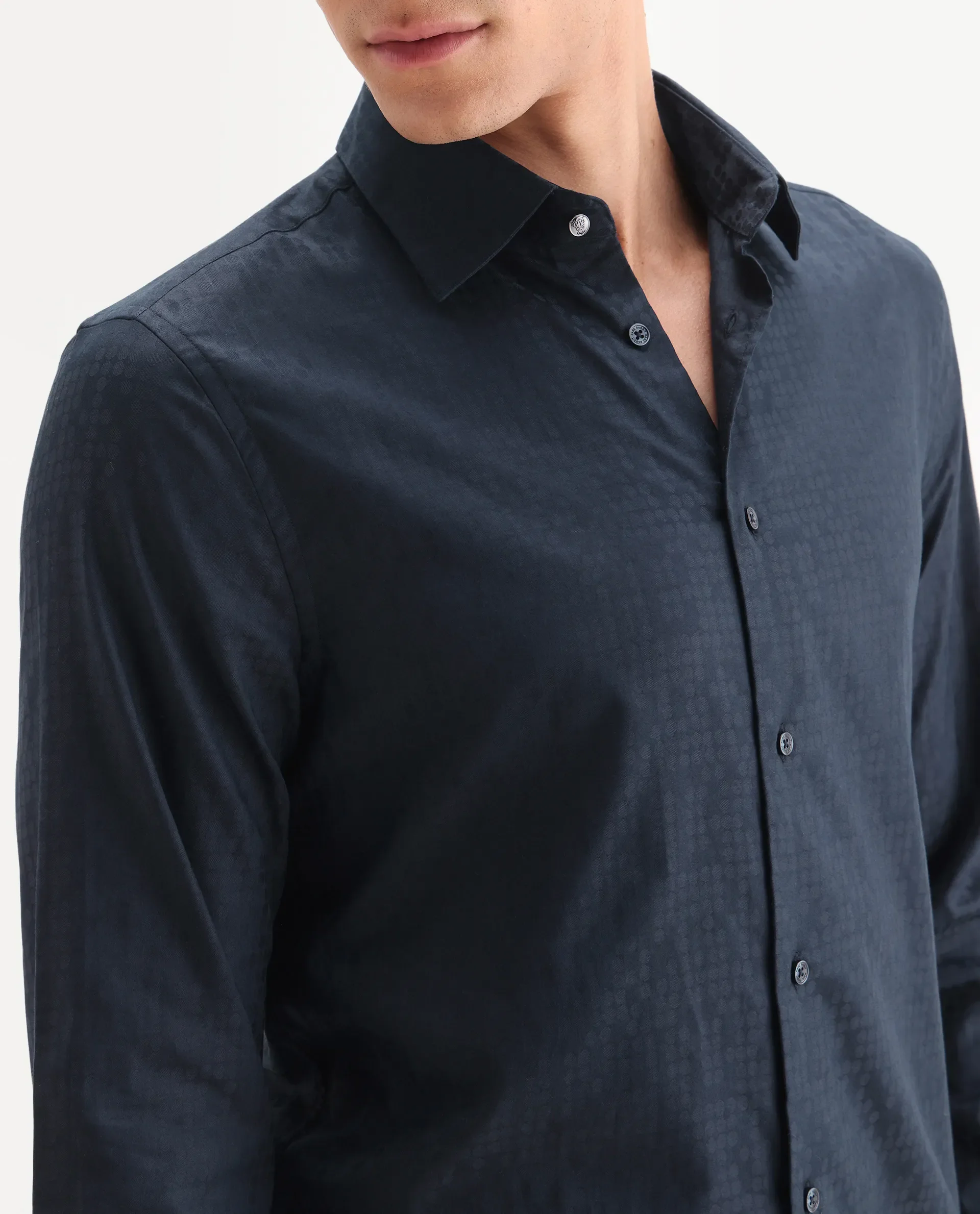 Rare Rabbit Men's Torop Navy Cotton Blend Fabric Full Sleeve Collared Neck Regular Fit Jacquard Shirt - Image 3