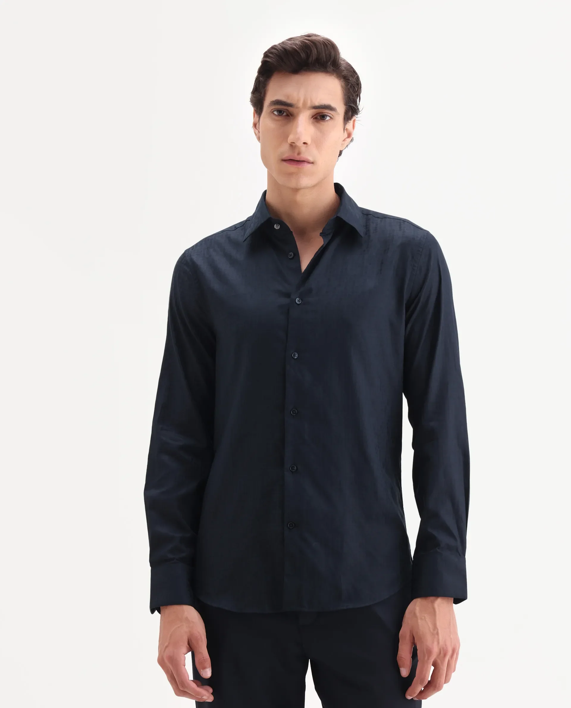 Rare Rabbit Men's Torop Navy Cotton Blend Fabric Full Sleeve Collared Neck Regular Fit Jacquard Shirt - Image 4
