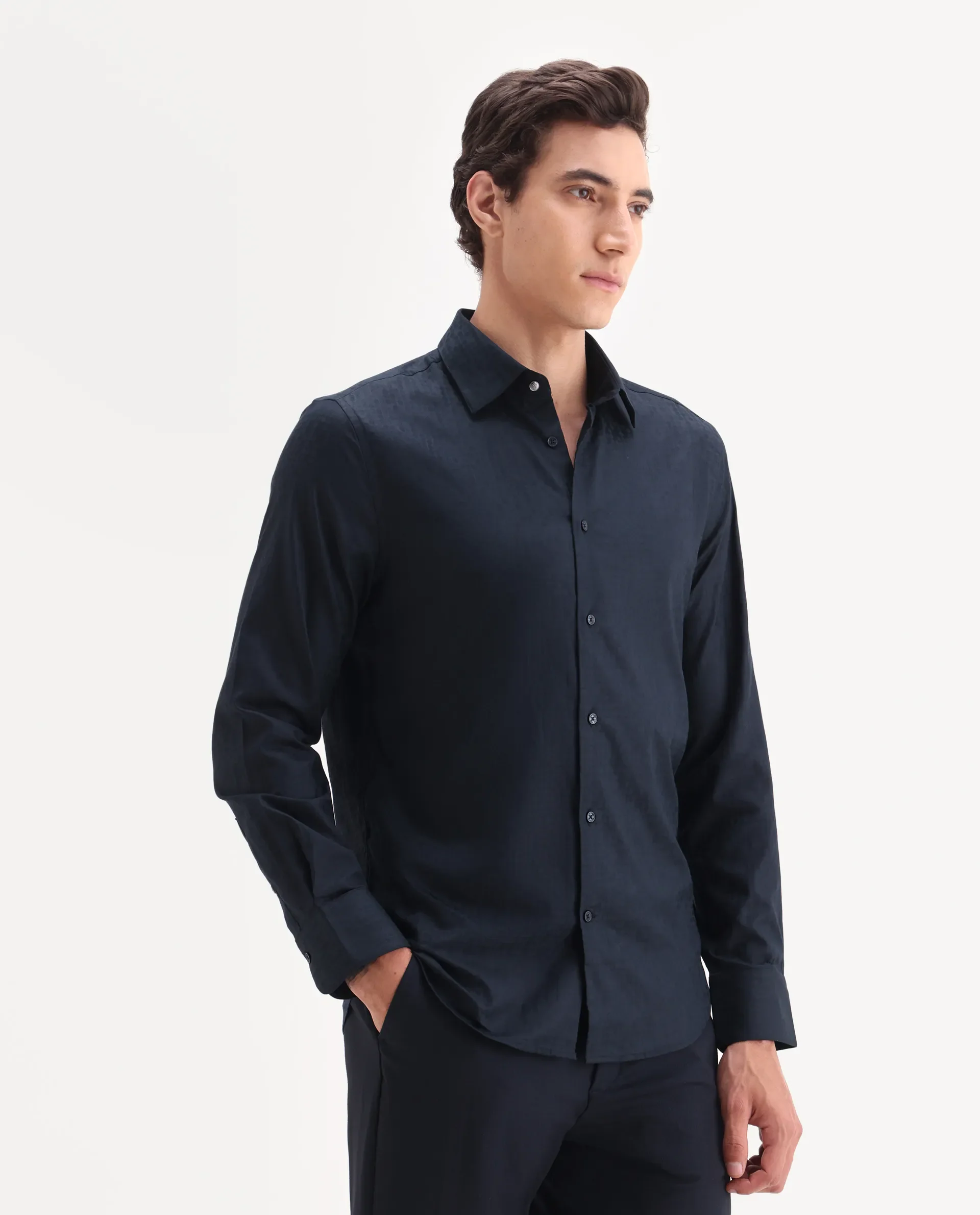 Rare Rabbit Men's Torop Navy Cotton Blend Fabric Full Sleeve Collared Neck Regular Fit Jacquard Shirt - Image 5