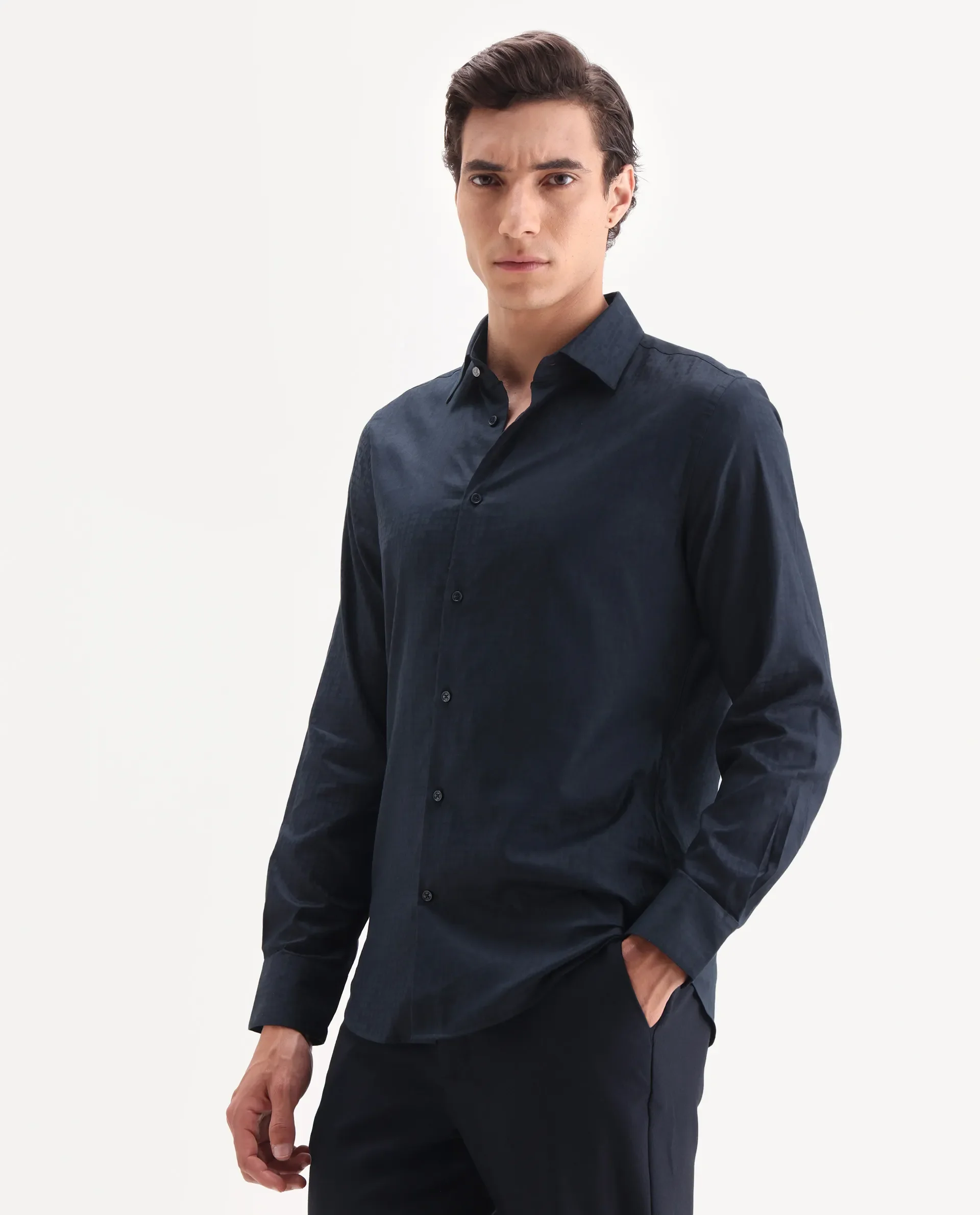 Rare Rabbit Men's Torop Navy Cotton Blend Fabric Full Sleeve Collared Neck Regular Fit Jacquard Shirt - Image 6