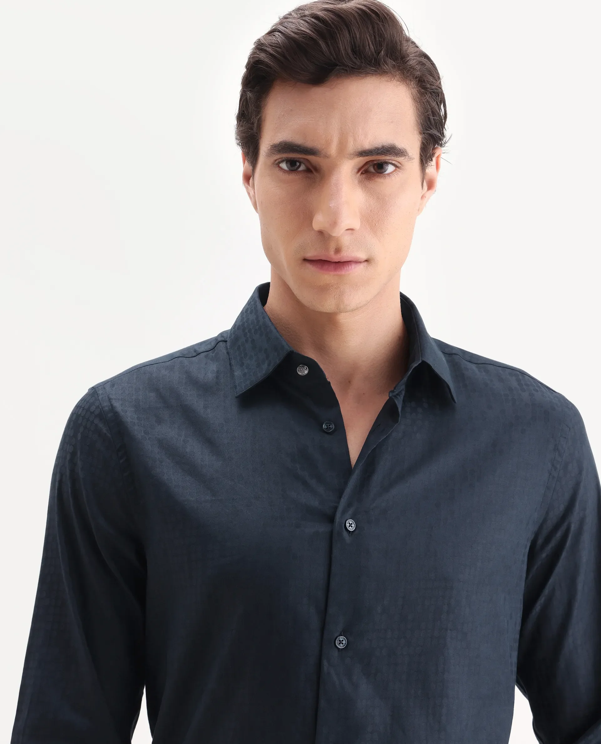 Rare Rabbit Men's Torop Navy Cotton Blend Fabric Full Sleeve Collared Neck Regular Fit Jacquard Shirt - Image 7