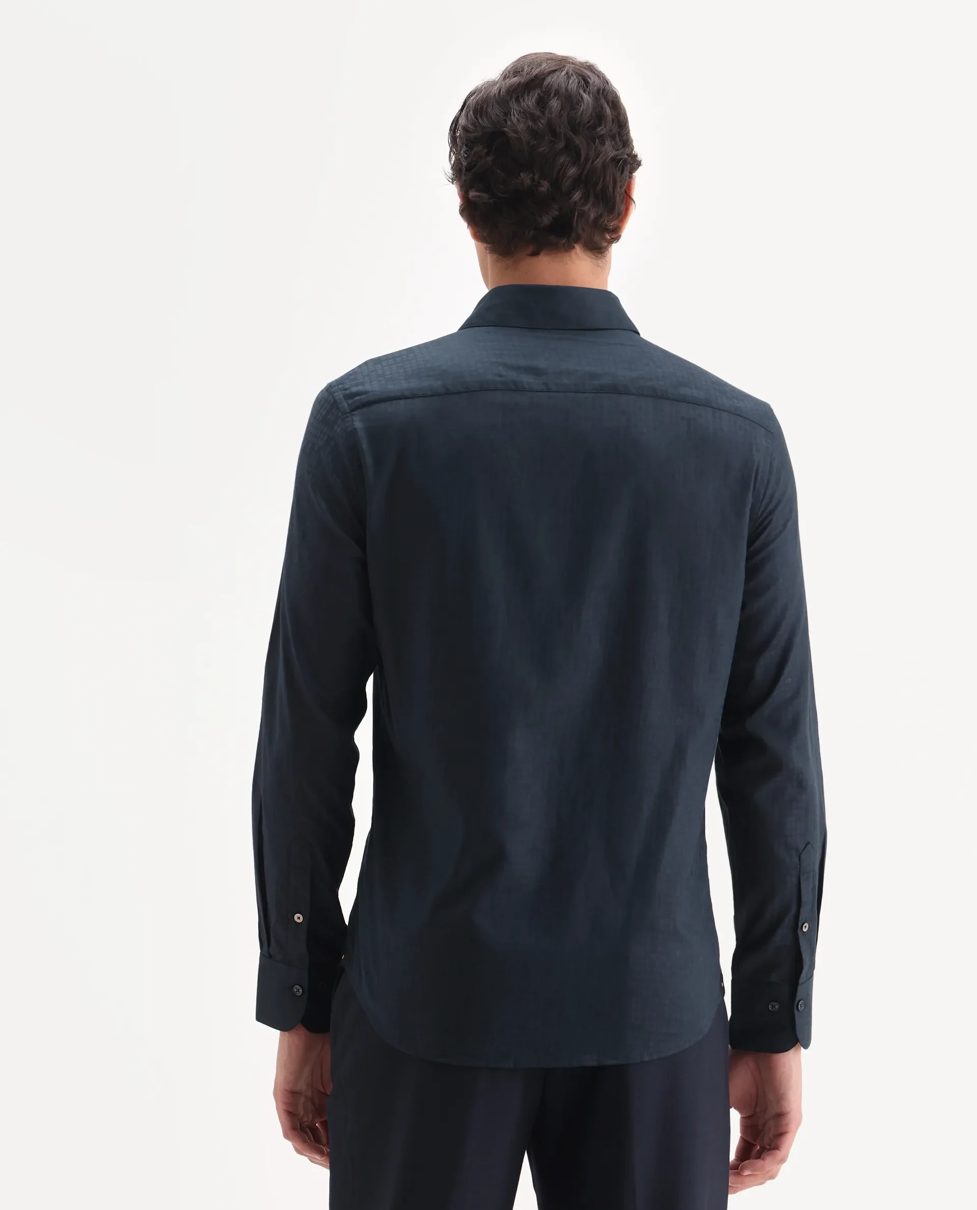Rare Rabbit Men's Torop Navy Cotton Blend Fabric Full Sleeve Collared Neck Regular Fit Jacquard Shirt - Image 8