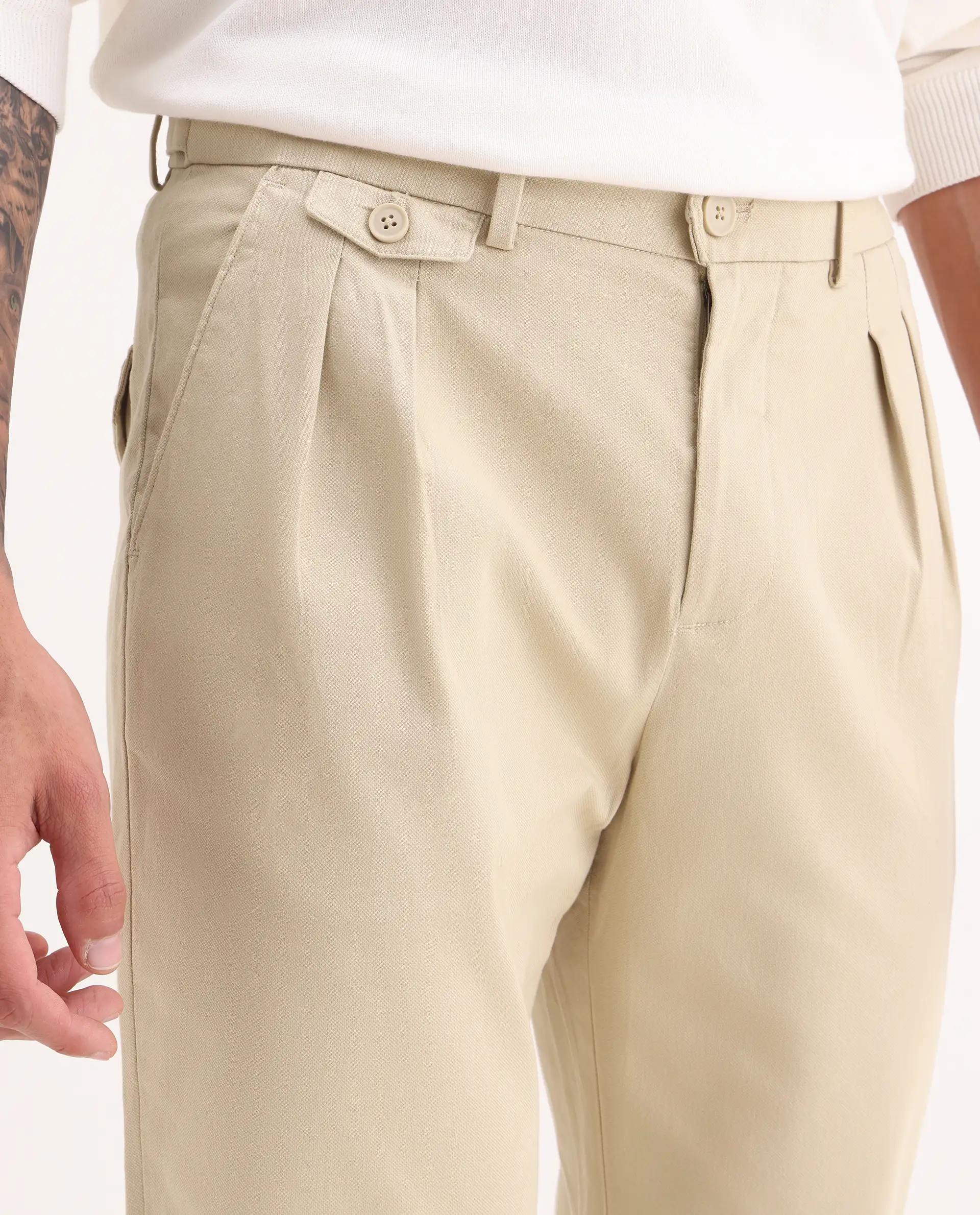 Rare Rabbit Men's Torro Beige Cotton Blend Plain Regular Fit Trouser - Image 3