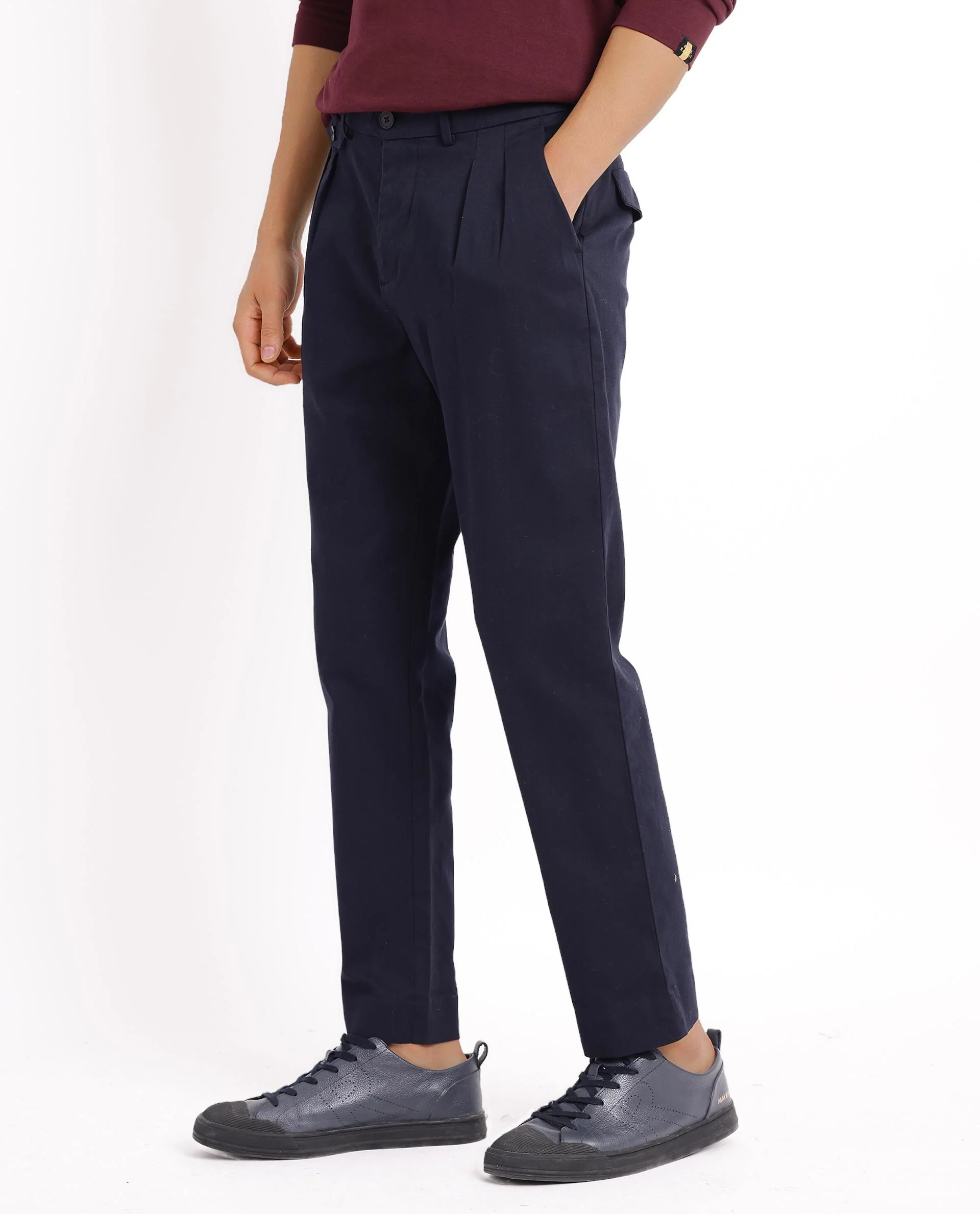 Rare Rabbit Men's Torro Dark Navy Cotton Blend Plain Regular Fit Trouser - Image 7