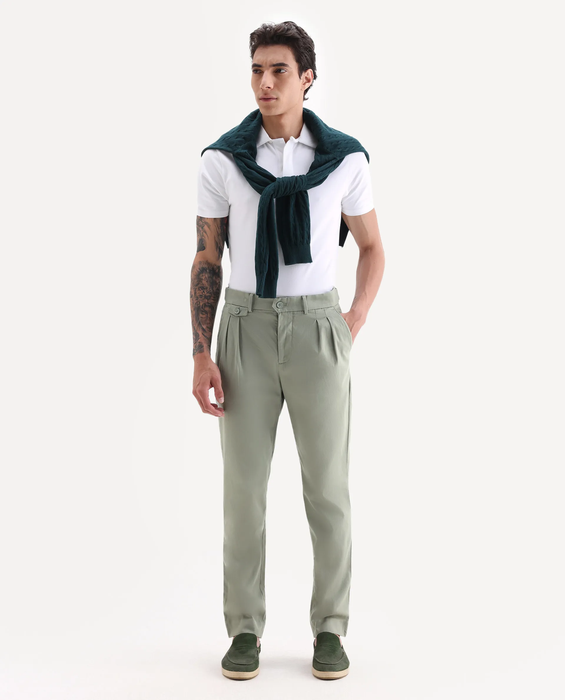 Rare Rabbit Men's Torro Dusky Green Cotton Blend Plain Regular Fit Trouser