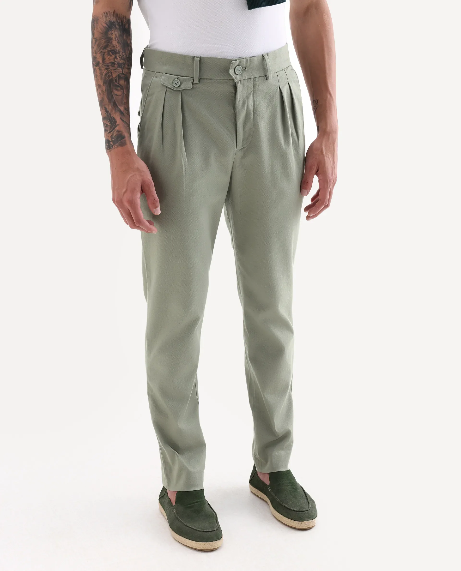 Rare Rabbit Men's Torro Dusky Green Cotton Blend Plain Regular Fit Trouser - Image 2