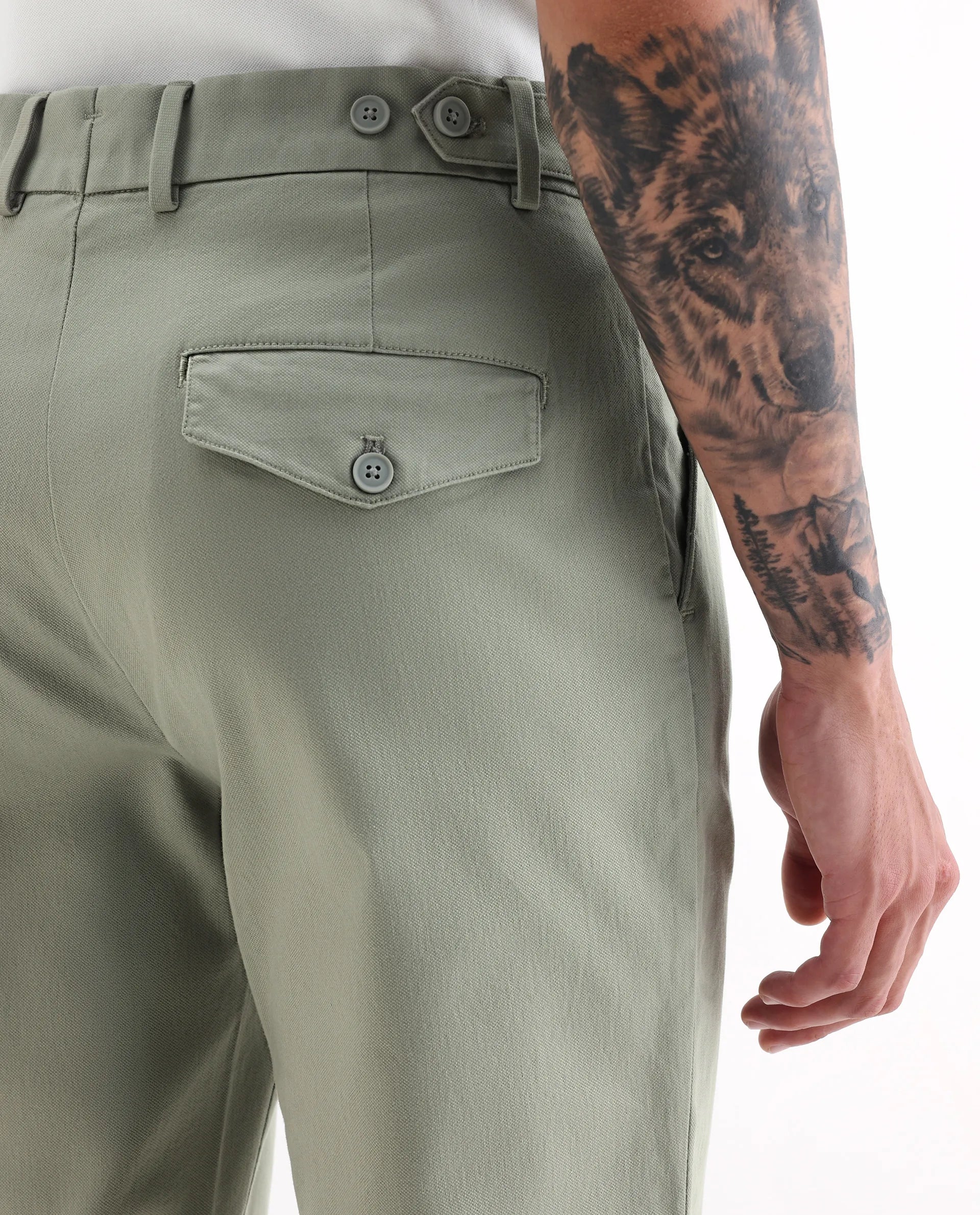 Rare Rabbit Men's Torro Dusky Green Cotton Blend Plain Regular Fit Trouser - Image 3