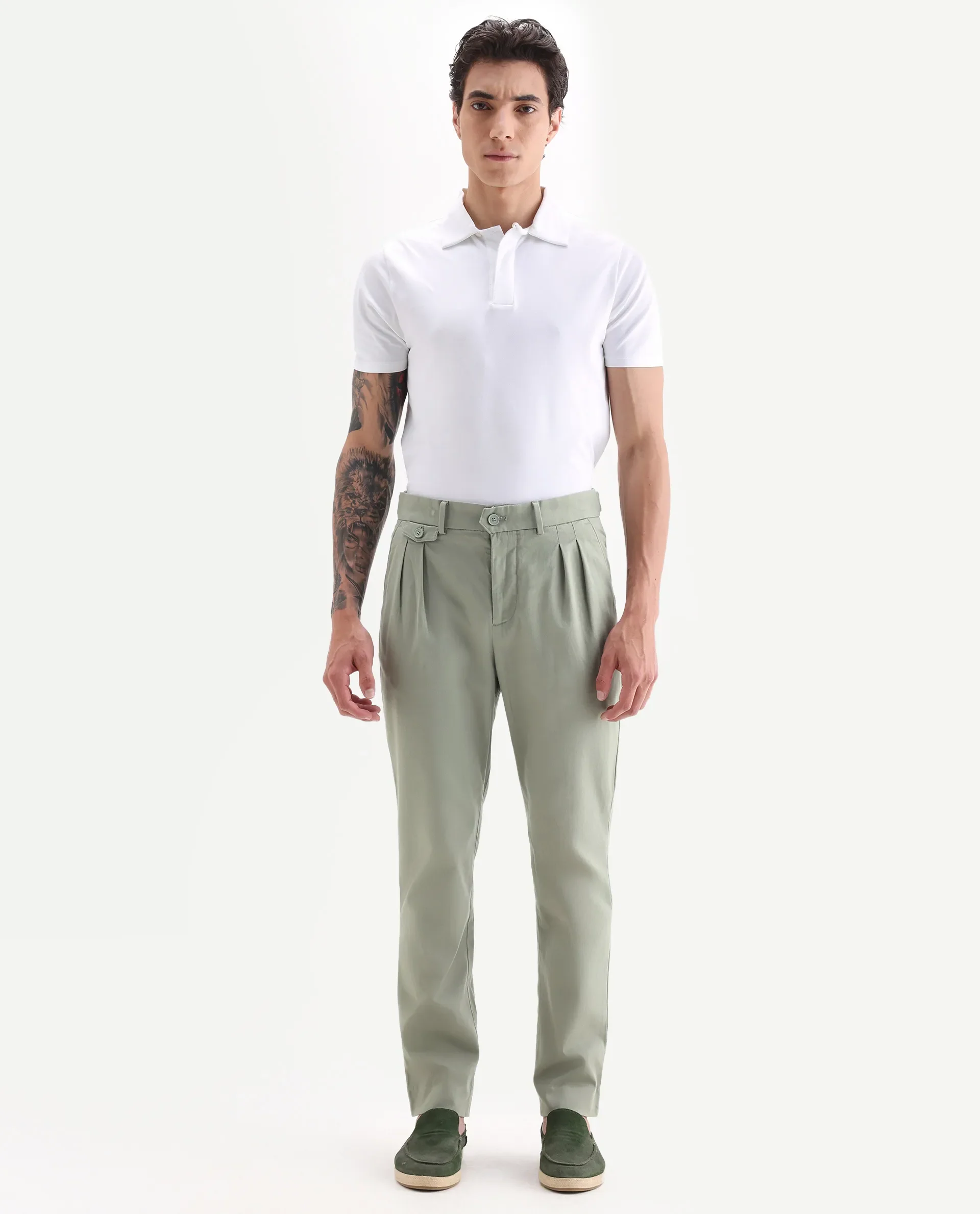 Rare Rabbit Men's Torro Dusky Green Cotton Blend Plain Regular Fit Trouser - Image 4