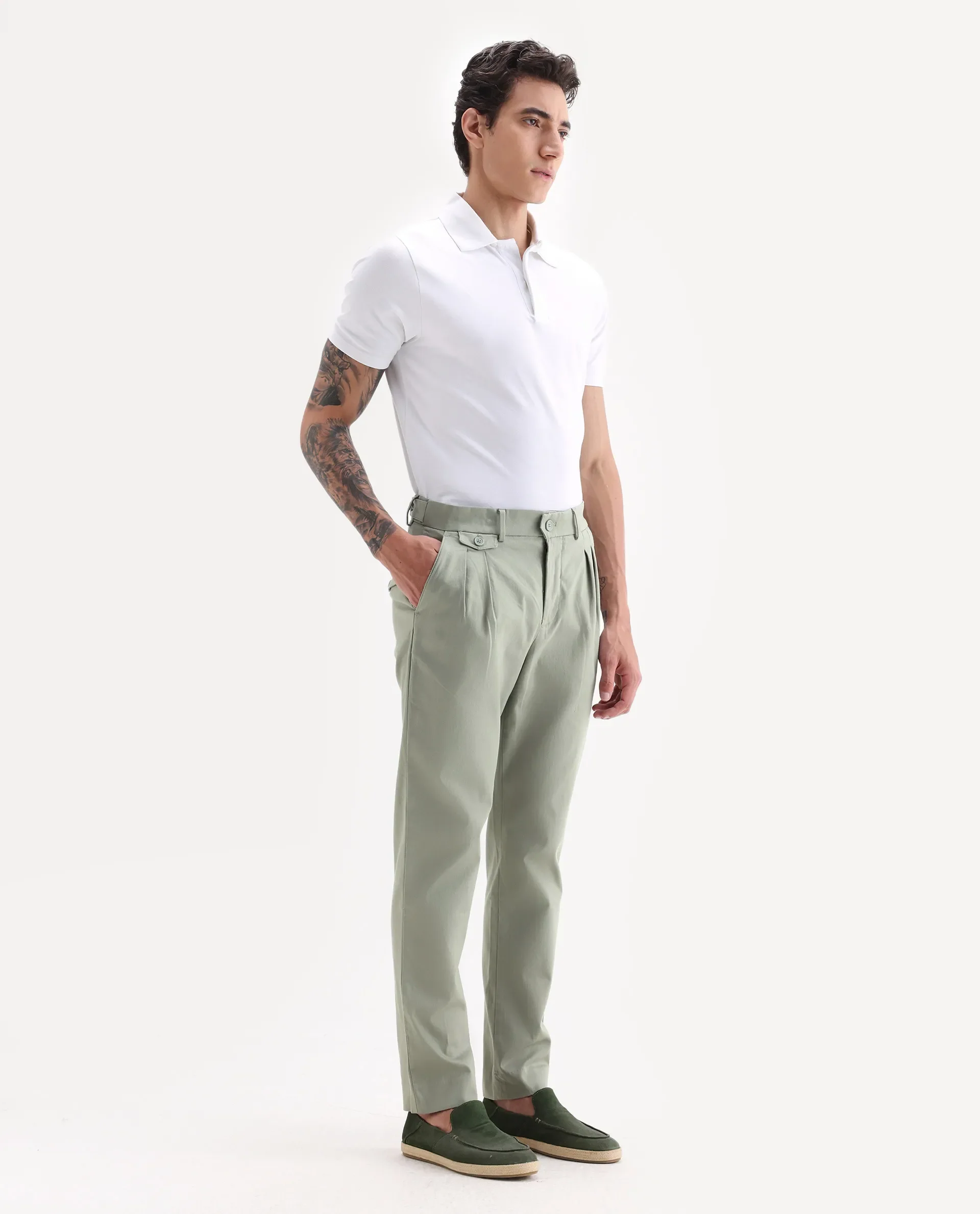 Rare Rabbit Men's Torro Dusky Green Cotton Blend Plain Regular Fit Trouser - Image 5