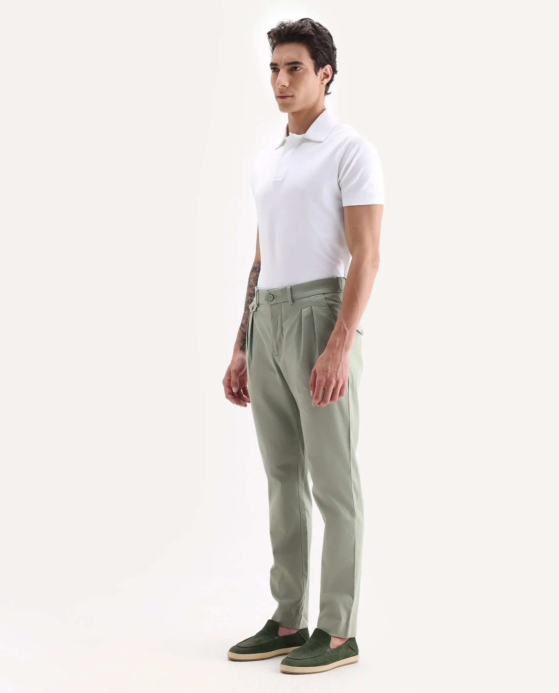 Rare Rabbit Men's Torro Dusky Green Cotton Blend Plain Regular Fit Trouser - Image 6