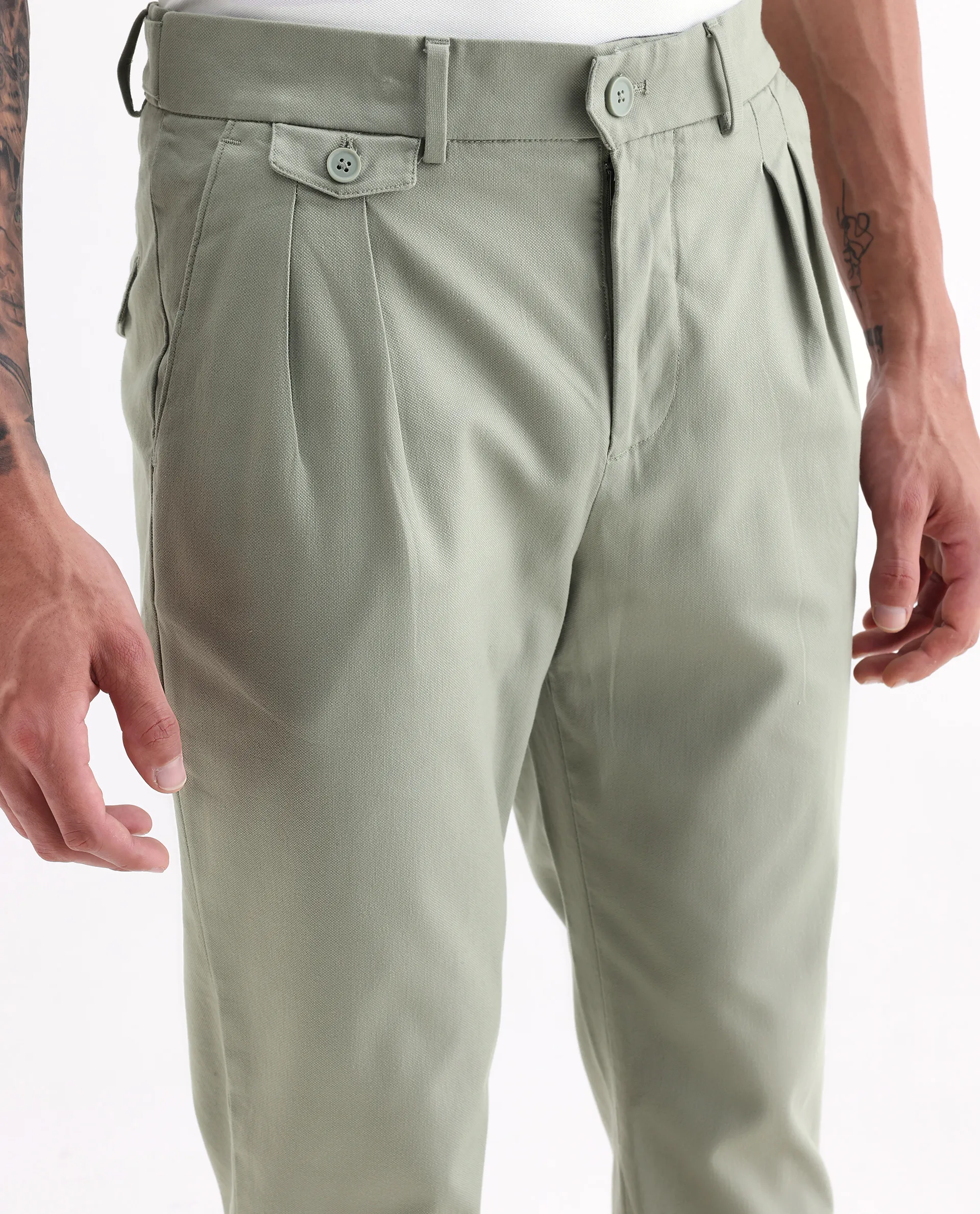 Rare Rabbit Men's Torro Dusky Green Cotton Blend Plain Regular Fit Trouser - Image 7