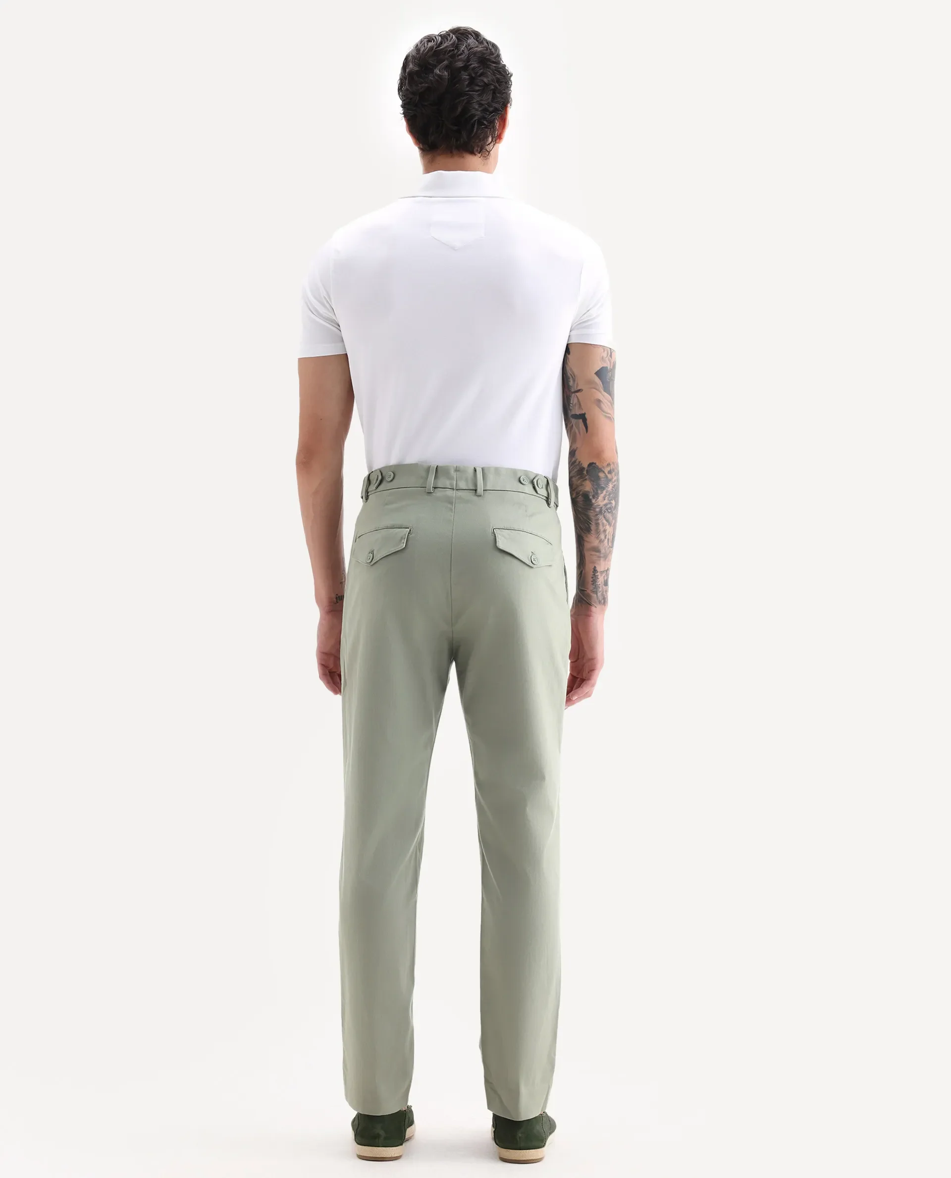 Rare Rabbit Men's Torro Dusky Green Cotton Blend Plain Regular Fit Trouser - Image 8