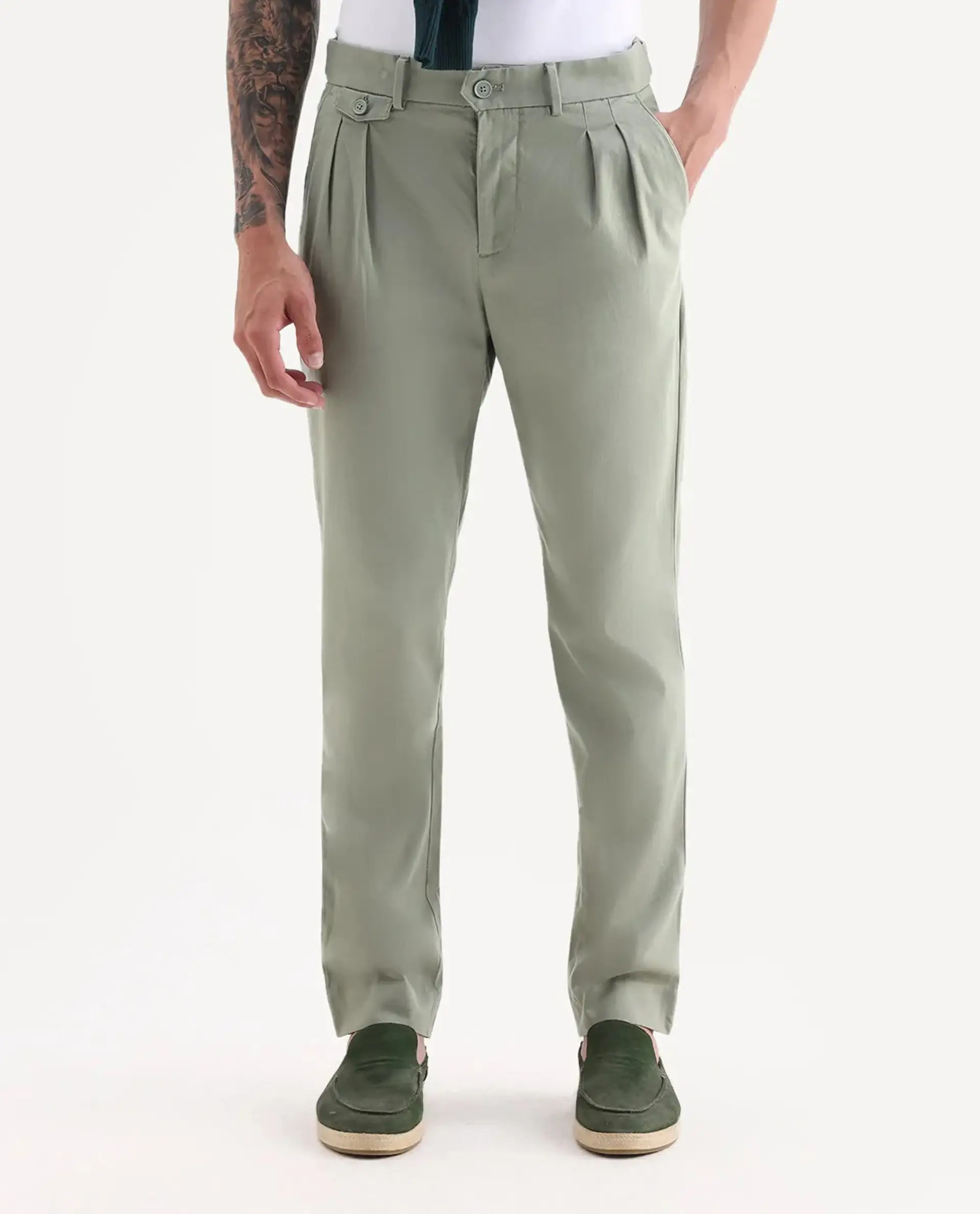 Rare Rabbit Men's Torro Dusky Green Cotton Blend Plain Regular Fit Trouser - Image 9