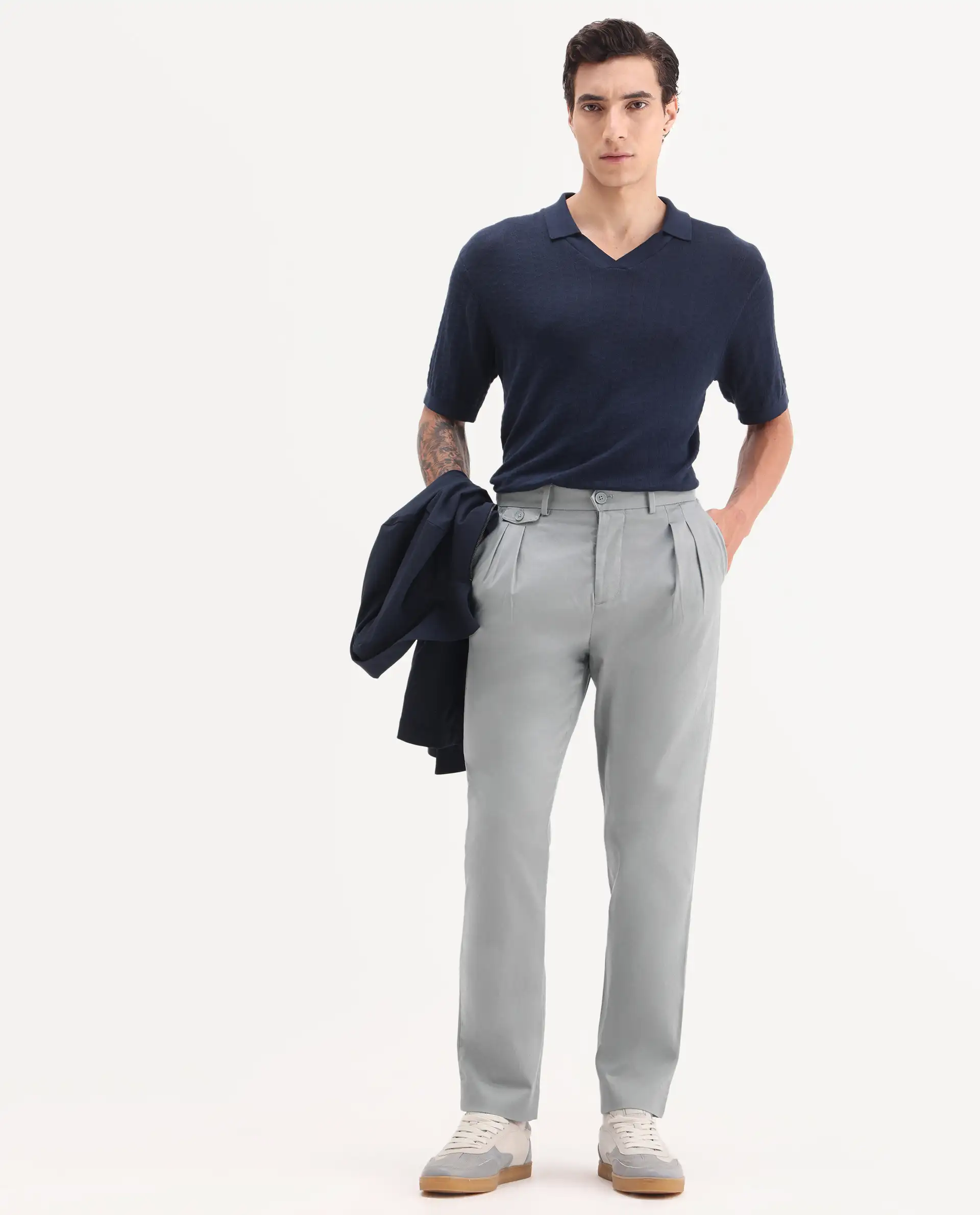 Rare Rabbit Men's Torro Grey Cotton Plain Regular Fit Trouser