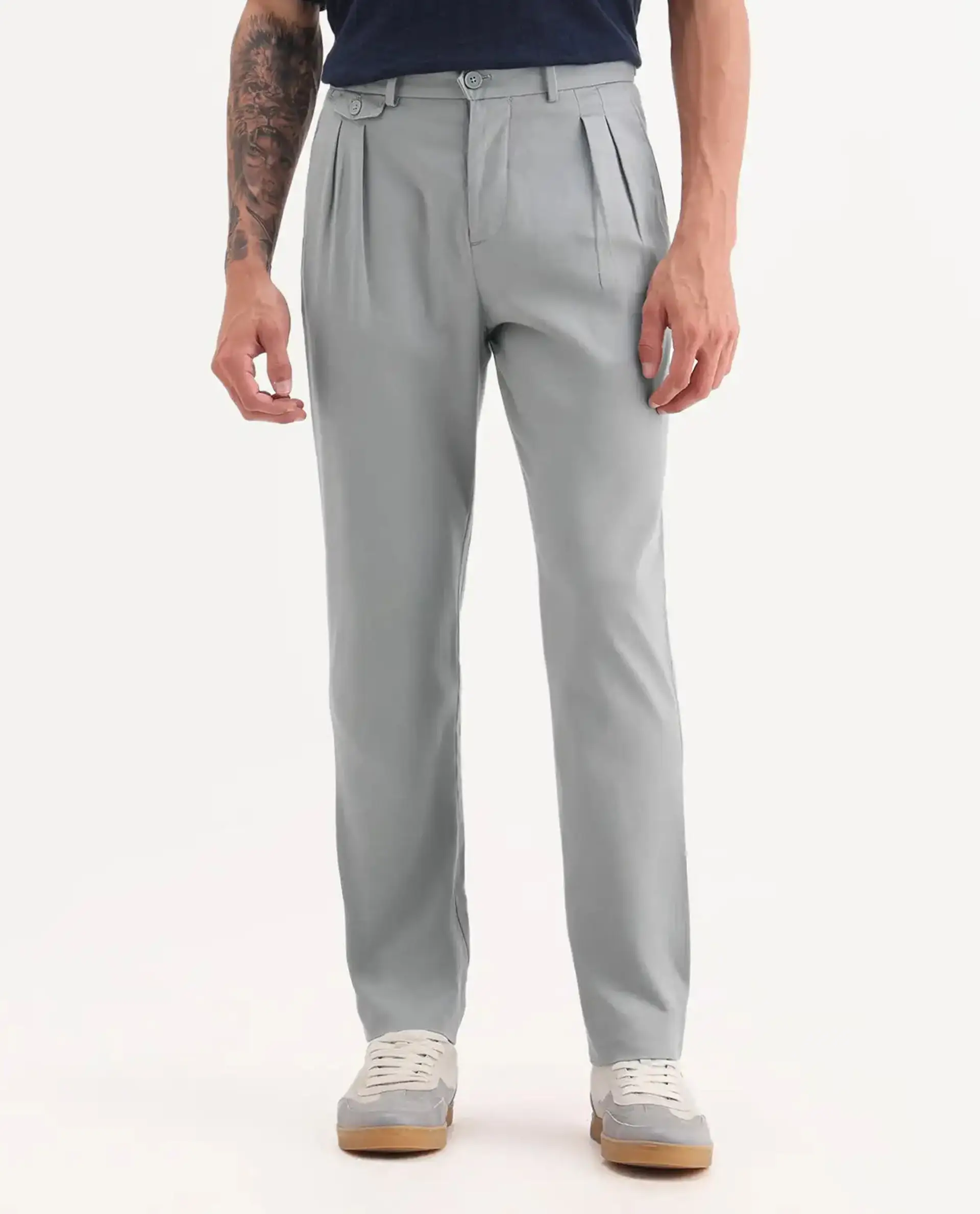 Rare Rabbit Men's Torro Grey Cotton Plain Regular Fit Trouser - Image 10