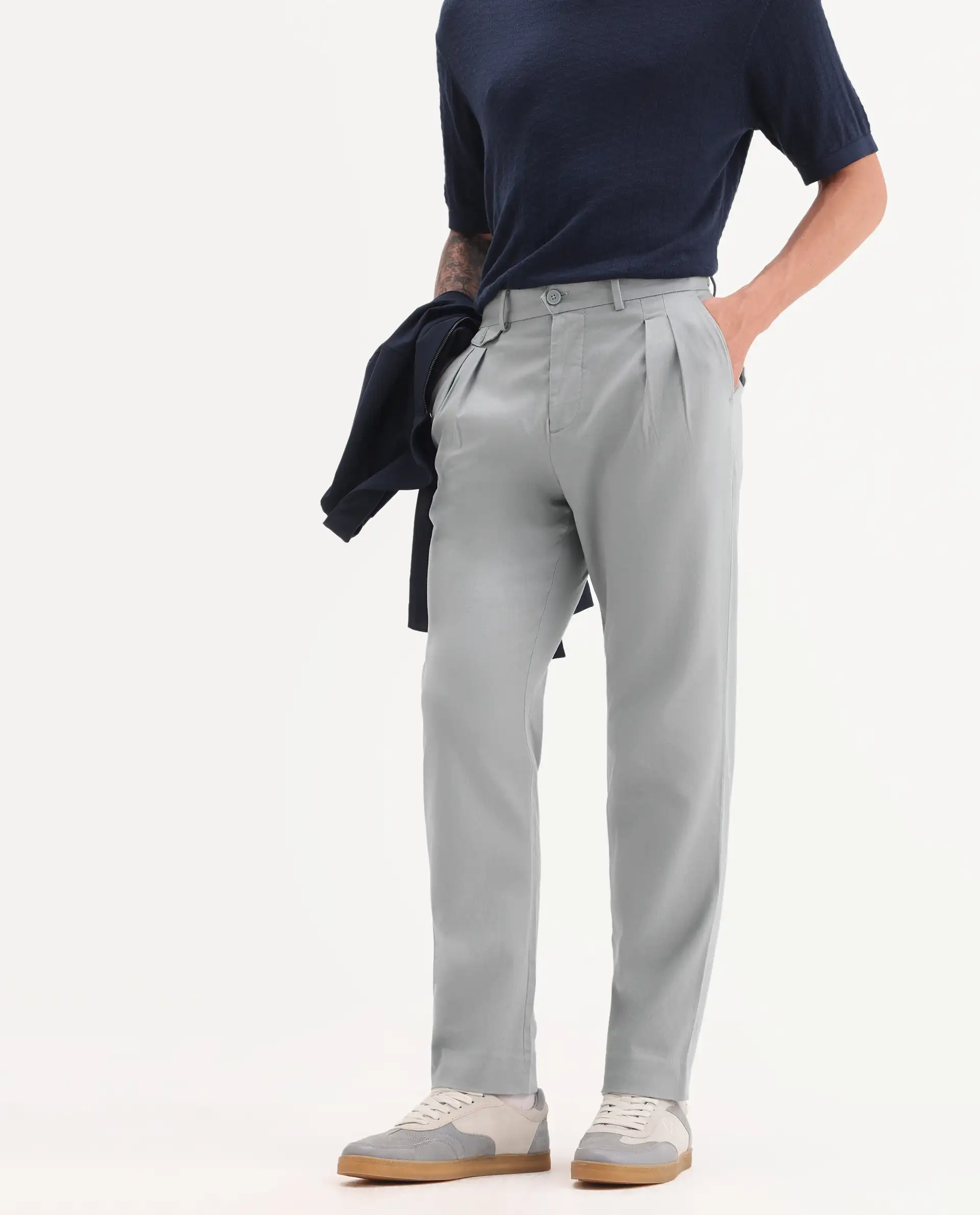 Rare Rabbit Men's Torro Grey Cotton Plain Regular Fit Trouser - Image 2