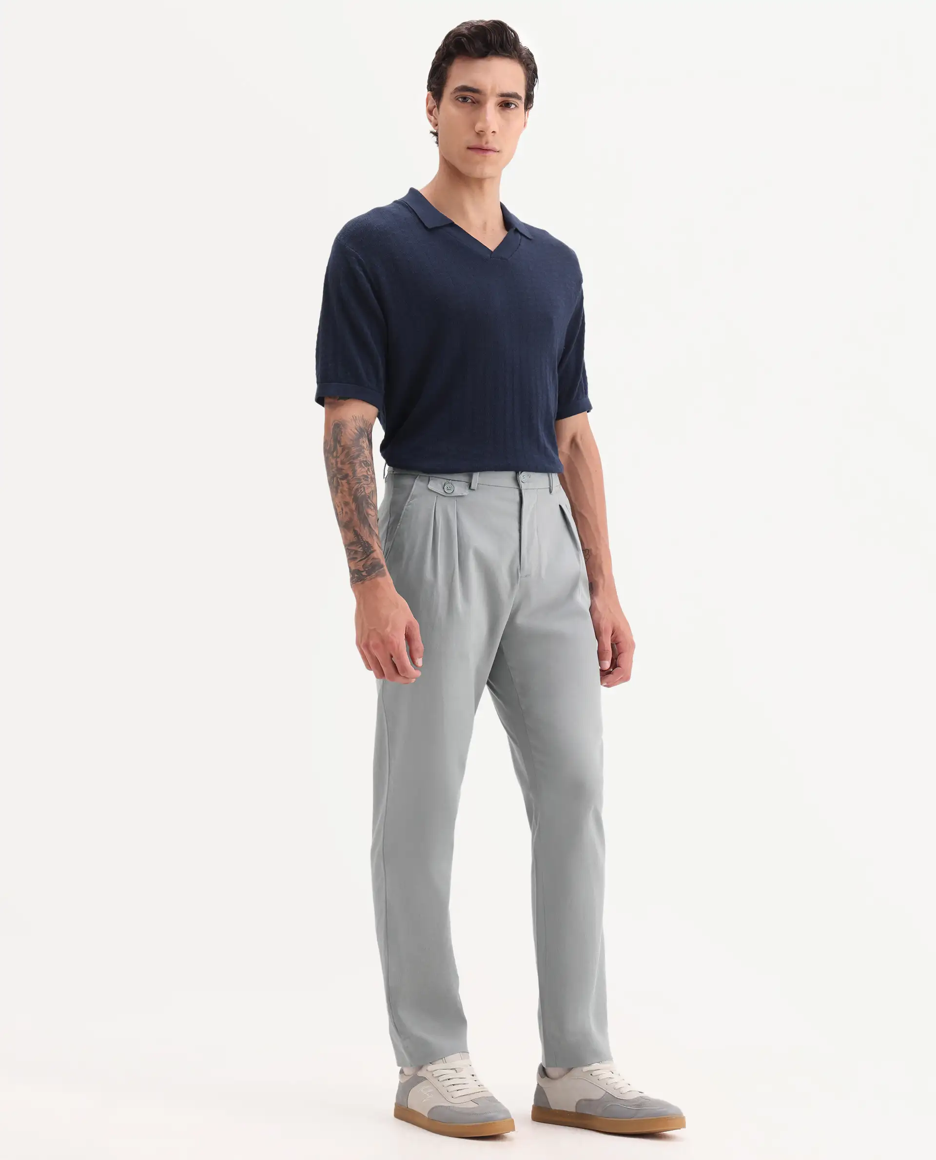 Rare Rabbit Men's Torro Grey Cotton Plain Regular Fit Trouser - Image 4
