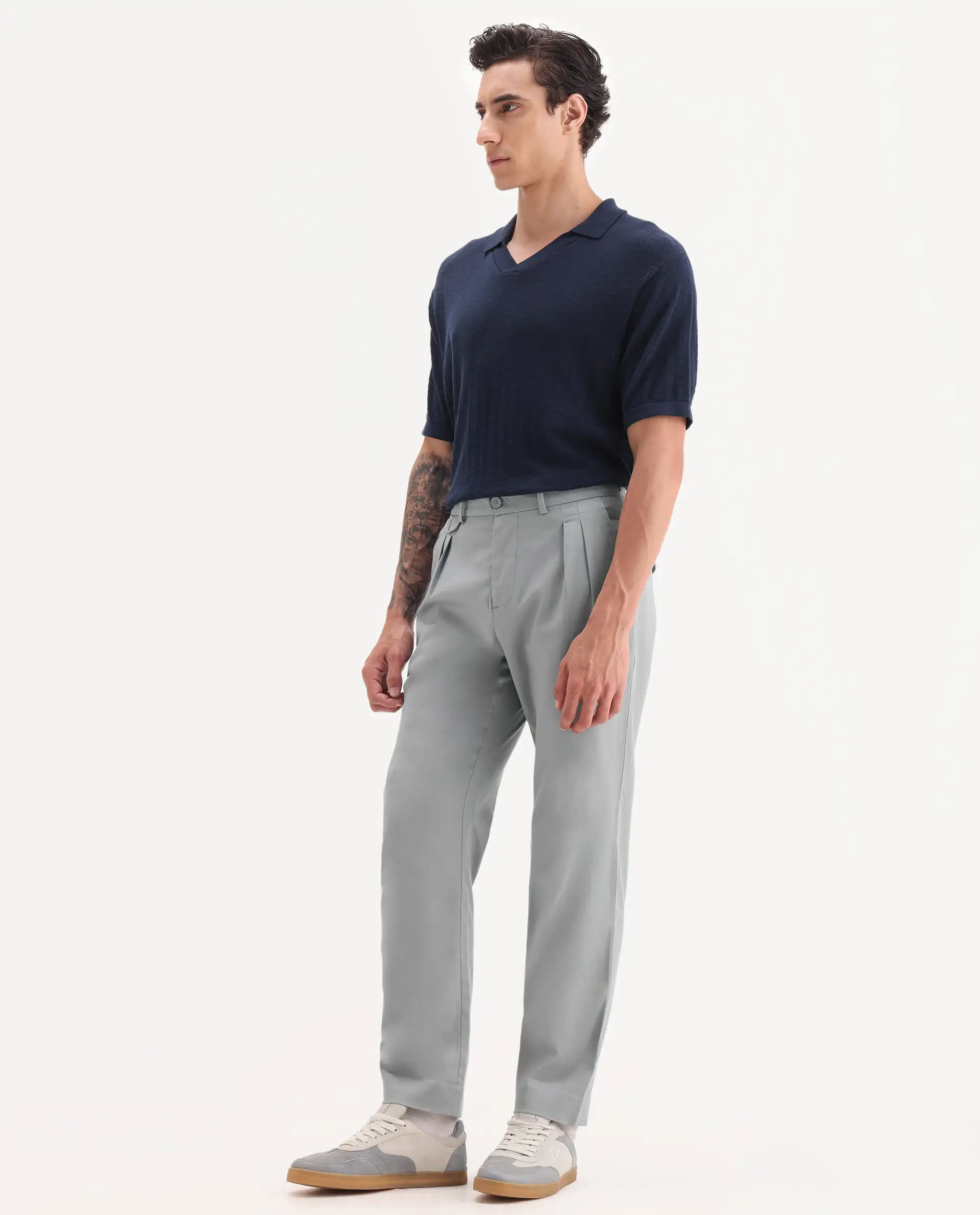 Rare Rabbit Men's Torro Grey Cotton Plain Regular Fit Trouser - Image 5