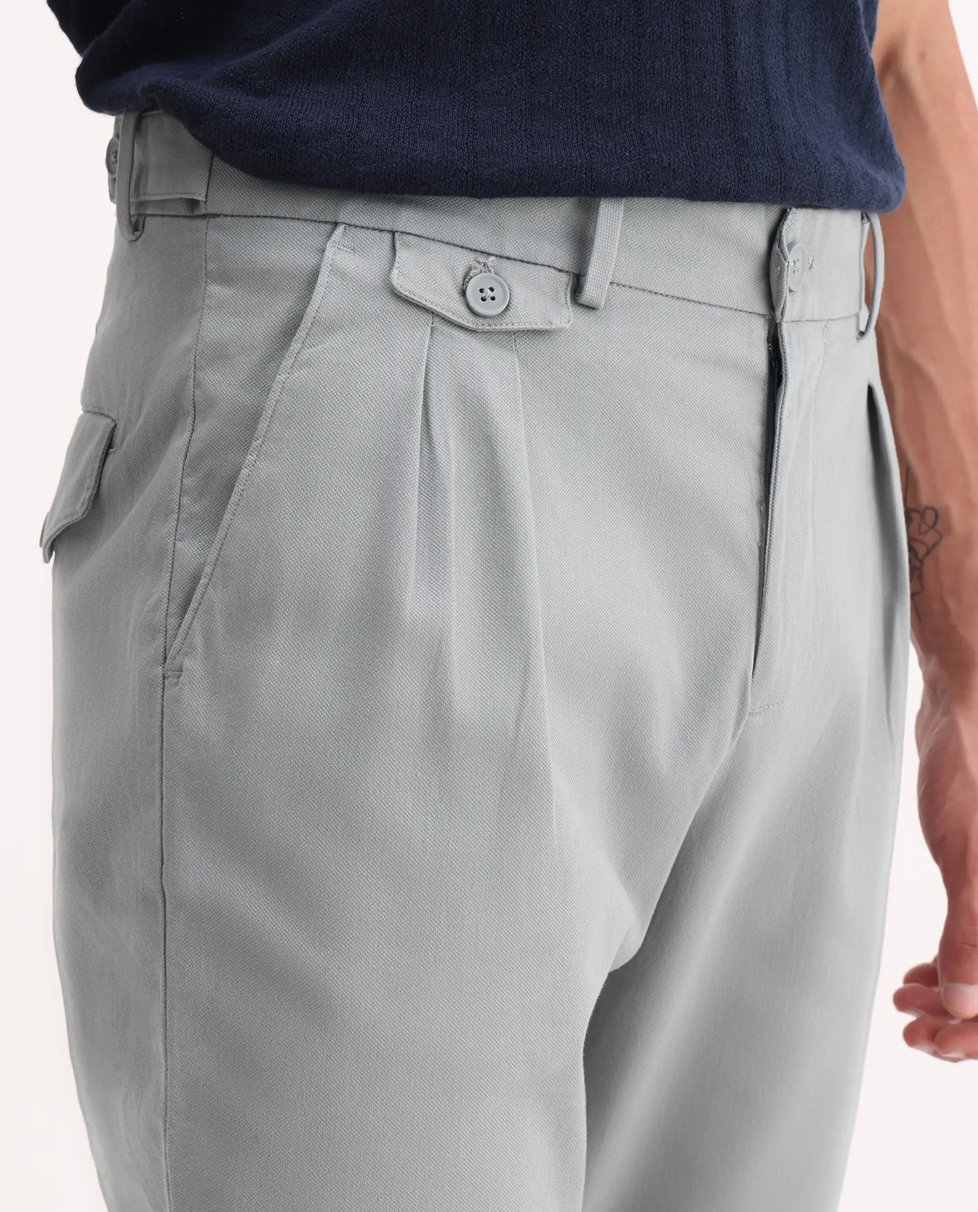 Rare Rabbit Men's Torro Grey Cotton Plain Regular Fit Trouser - Image 6