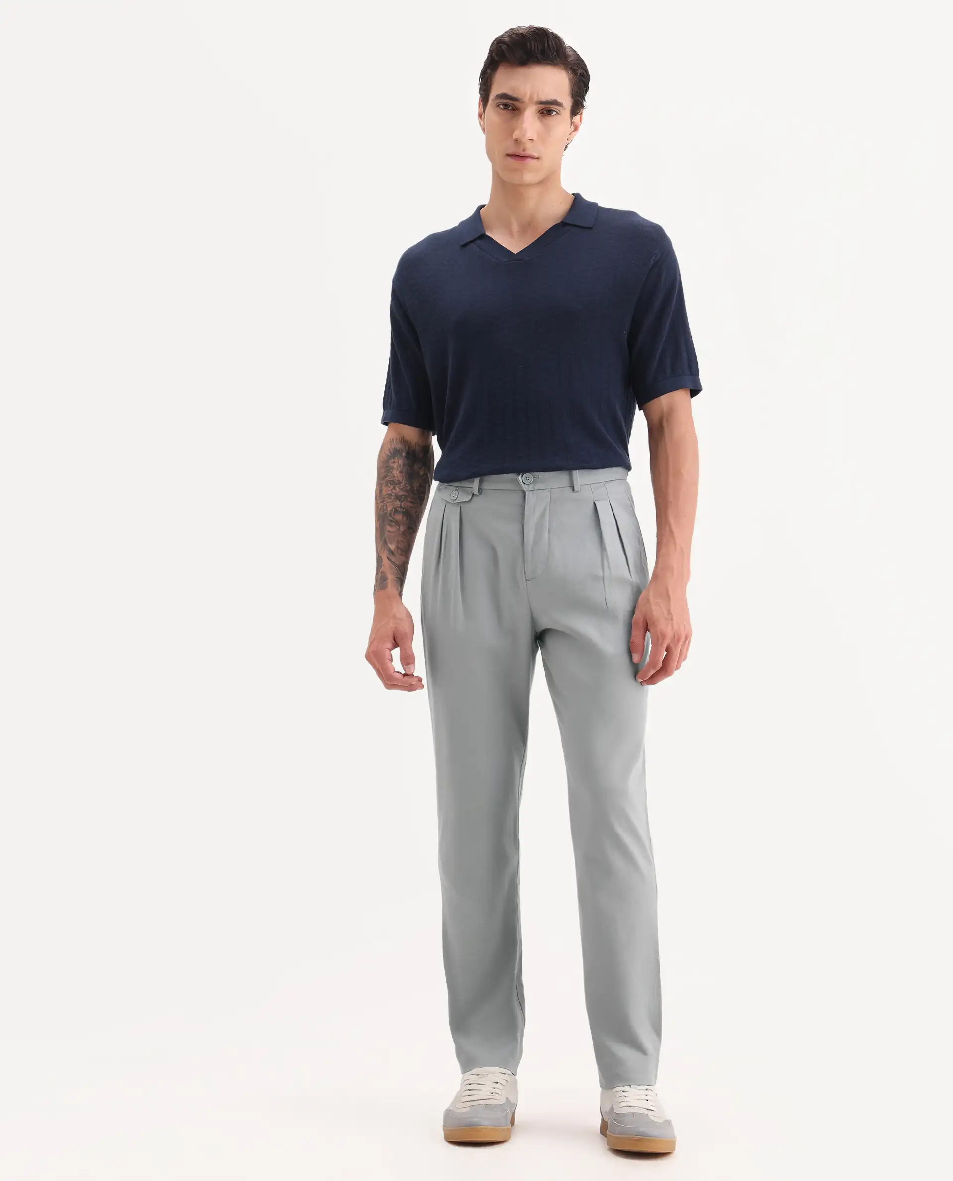 Rare Rabbit Men's Torro Grey Cotton Plain Regular Fit Trouser - Image 8