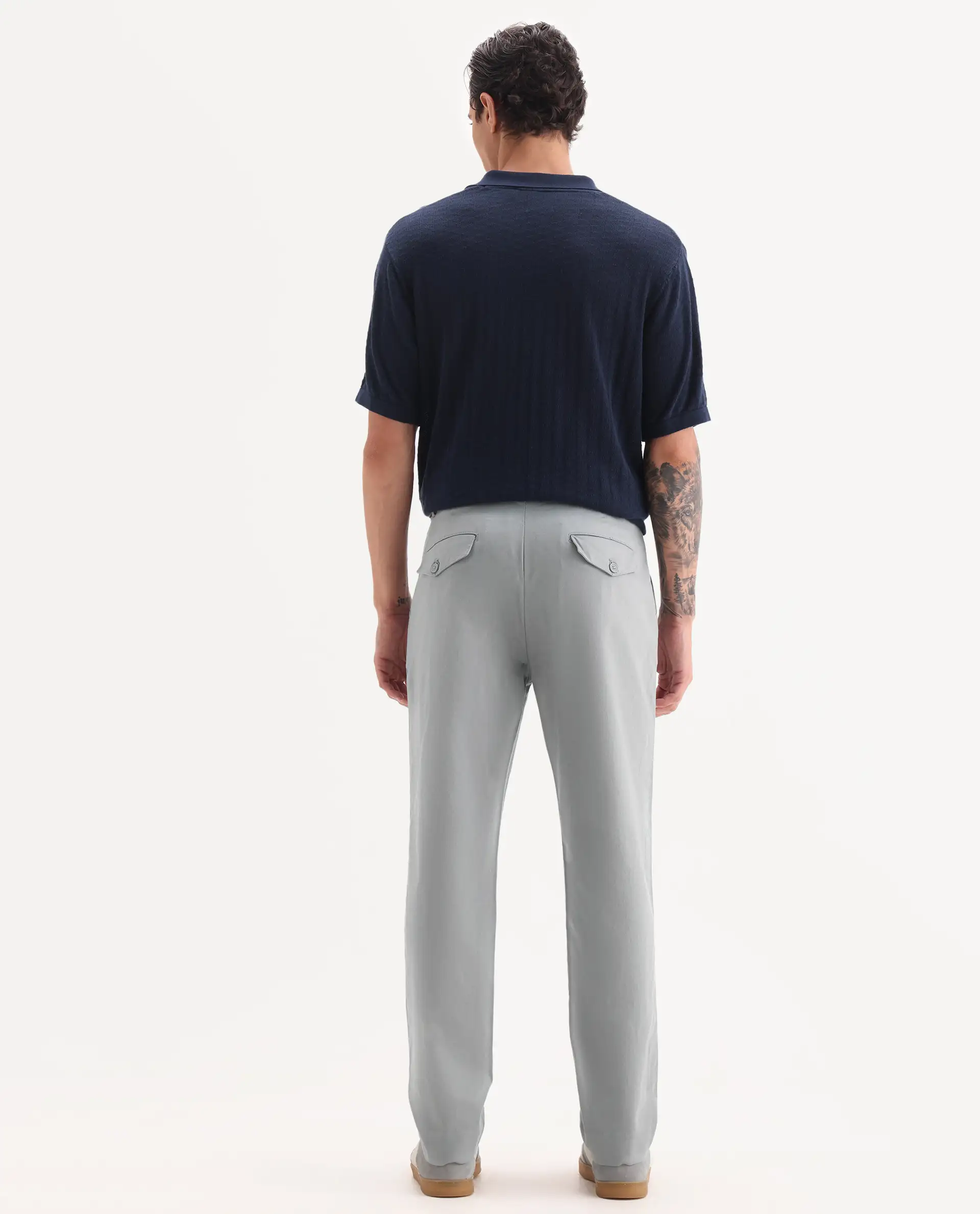 Rare Rabbit Men's Torro Grey Cotton Plain Regular Fit Trouser - Image 9
