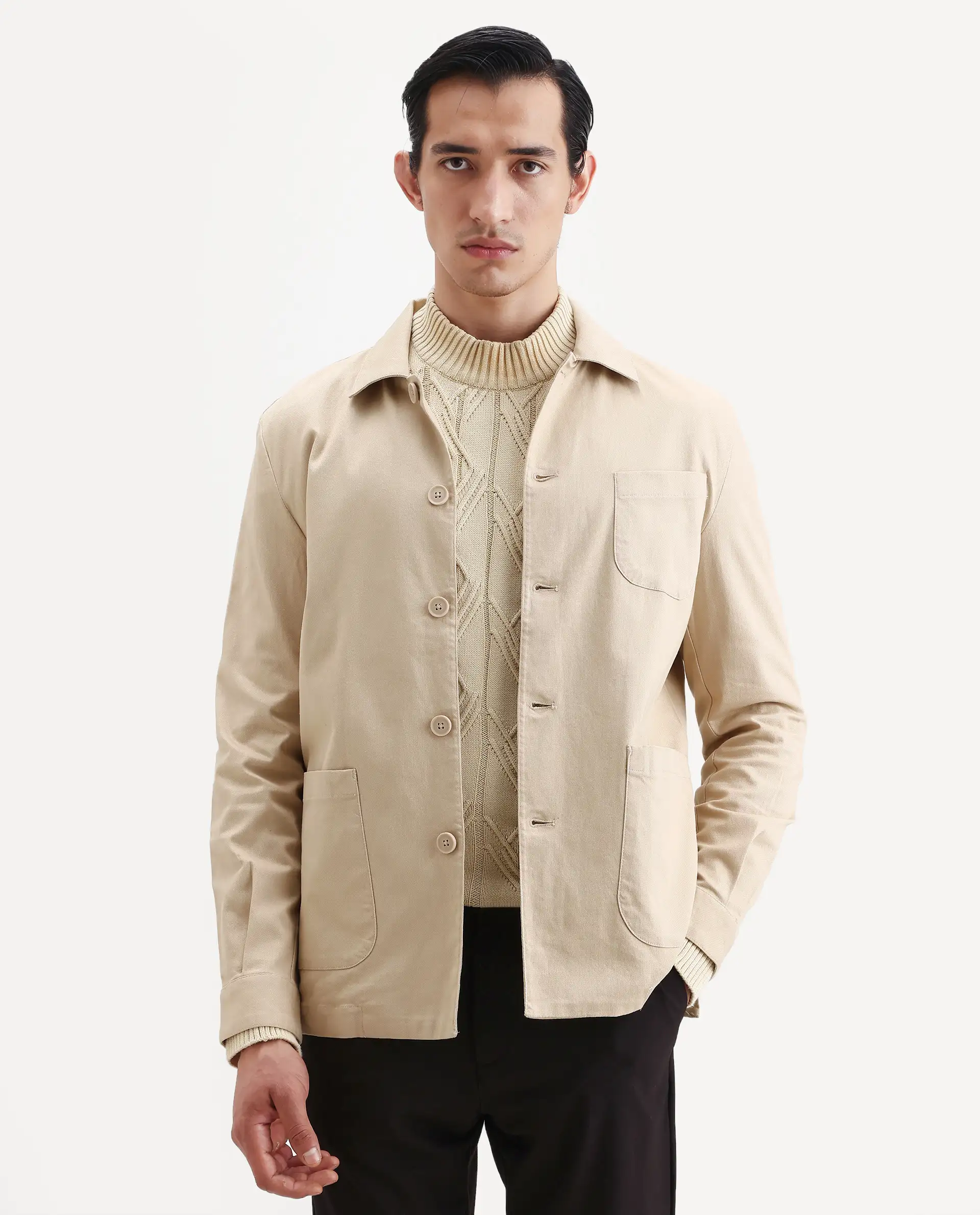Rare Rabbit Men's Torroy Beige Cotton Blend Plain Regular Fit Full Sleeve Spread Collar Jacket - Image 3