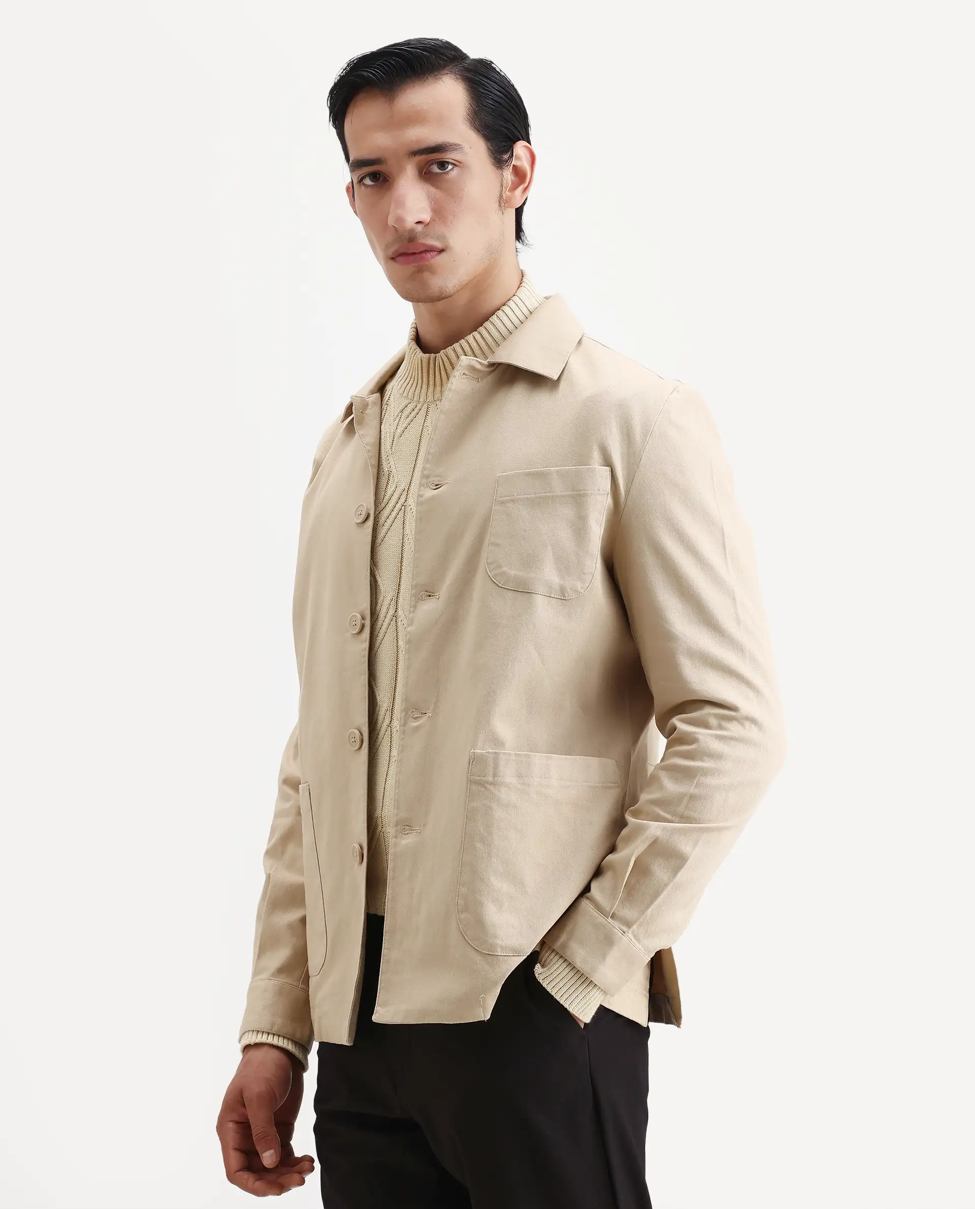 Rare Rabbit Men's Torroy Beige Cotton Blend Plain Regular Fit Full Sleeve Spread Collar Jacket - Image 5