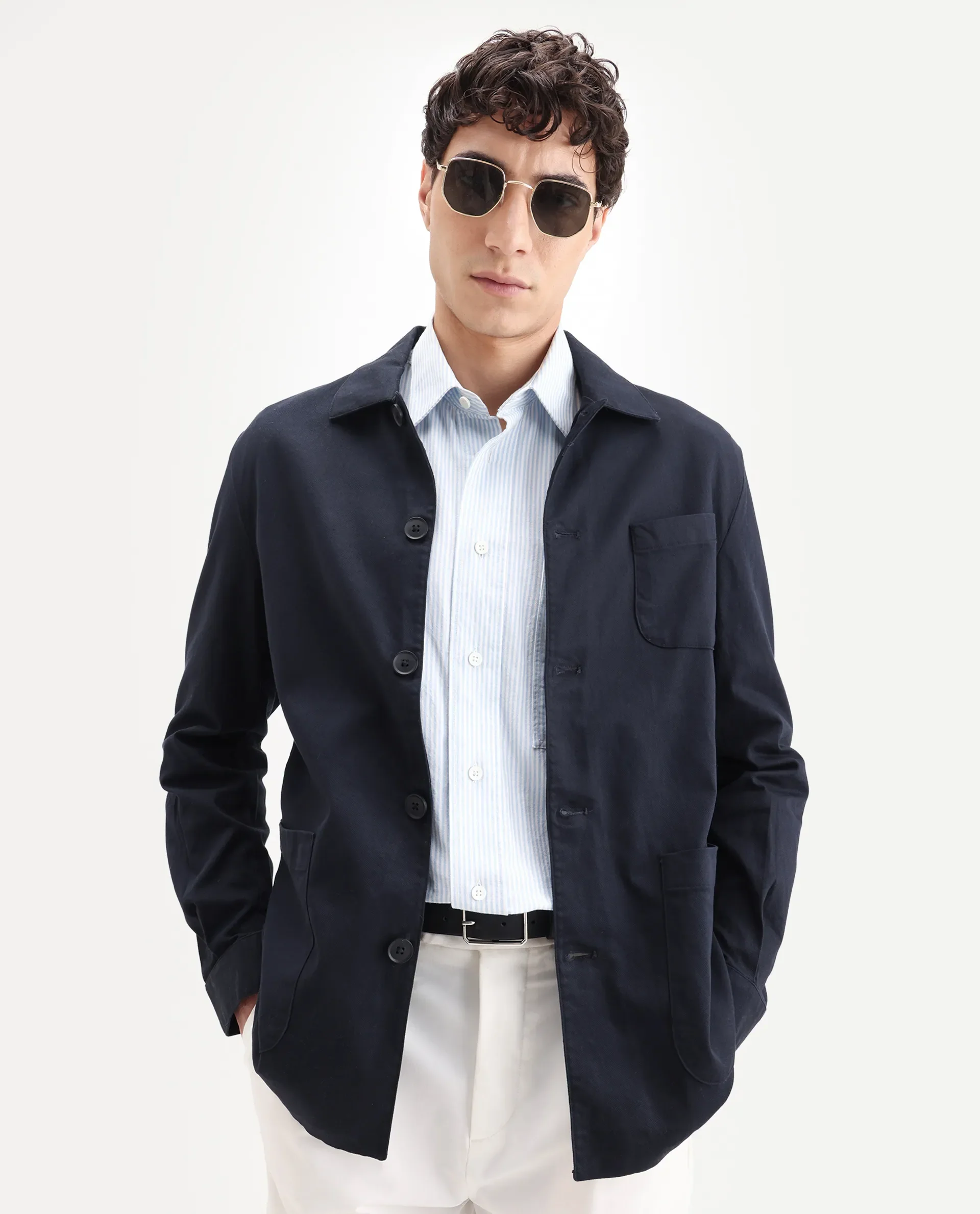 Rare Rabbit Men's Torroy Dark Navy Cotton Blend Plain Regular Fit Full Sleeve Spread Collar Jacket